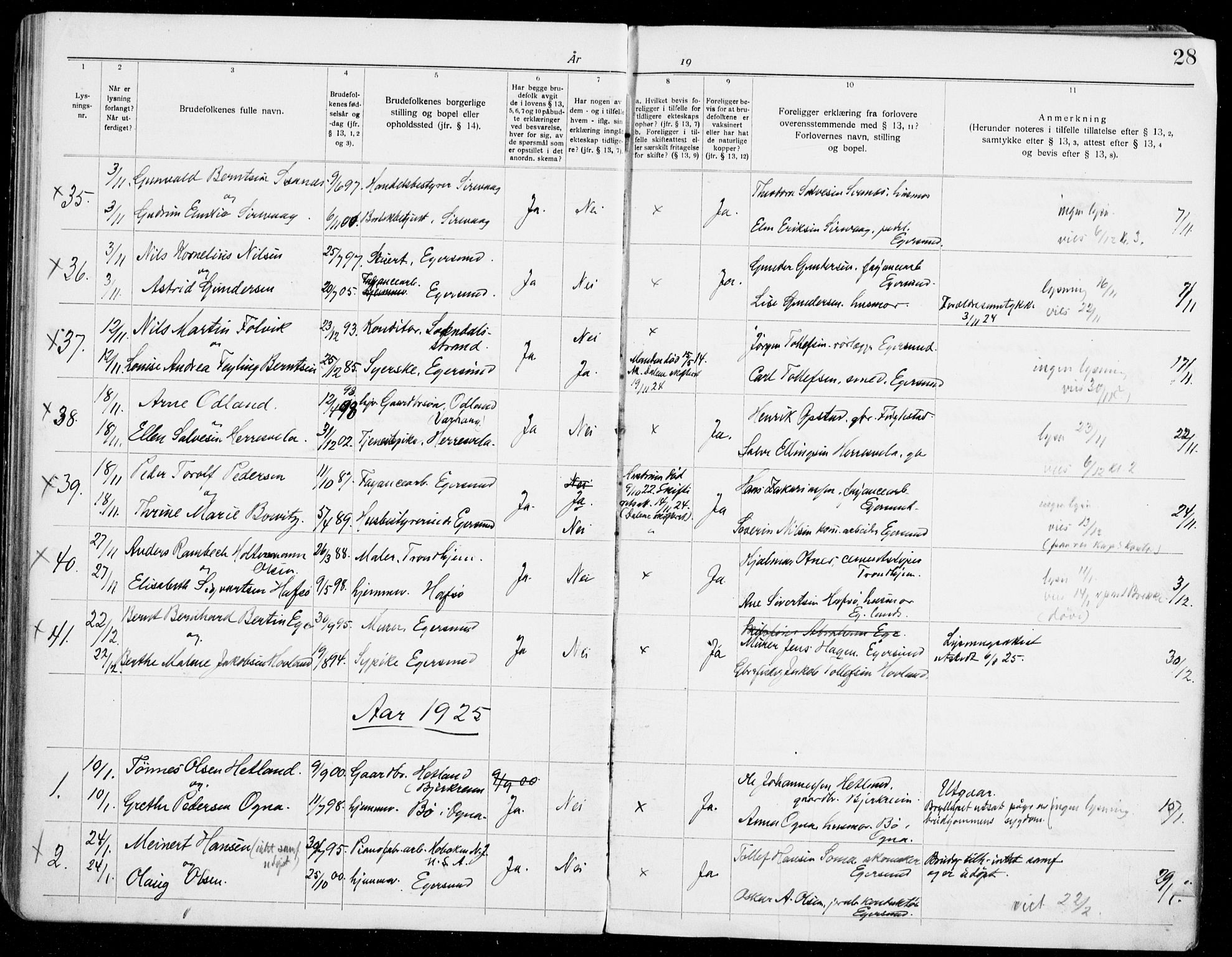 Eigersund sokneprestkontor, AV/SAST-A-101807/S27/L0003: Banns register no. 3, 1919-1939, p. 28