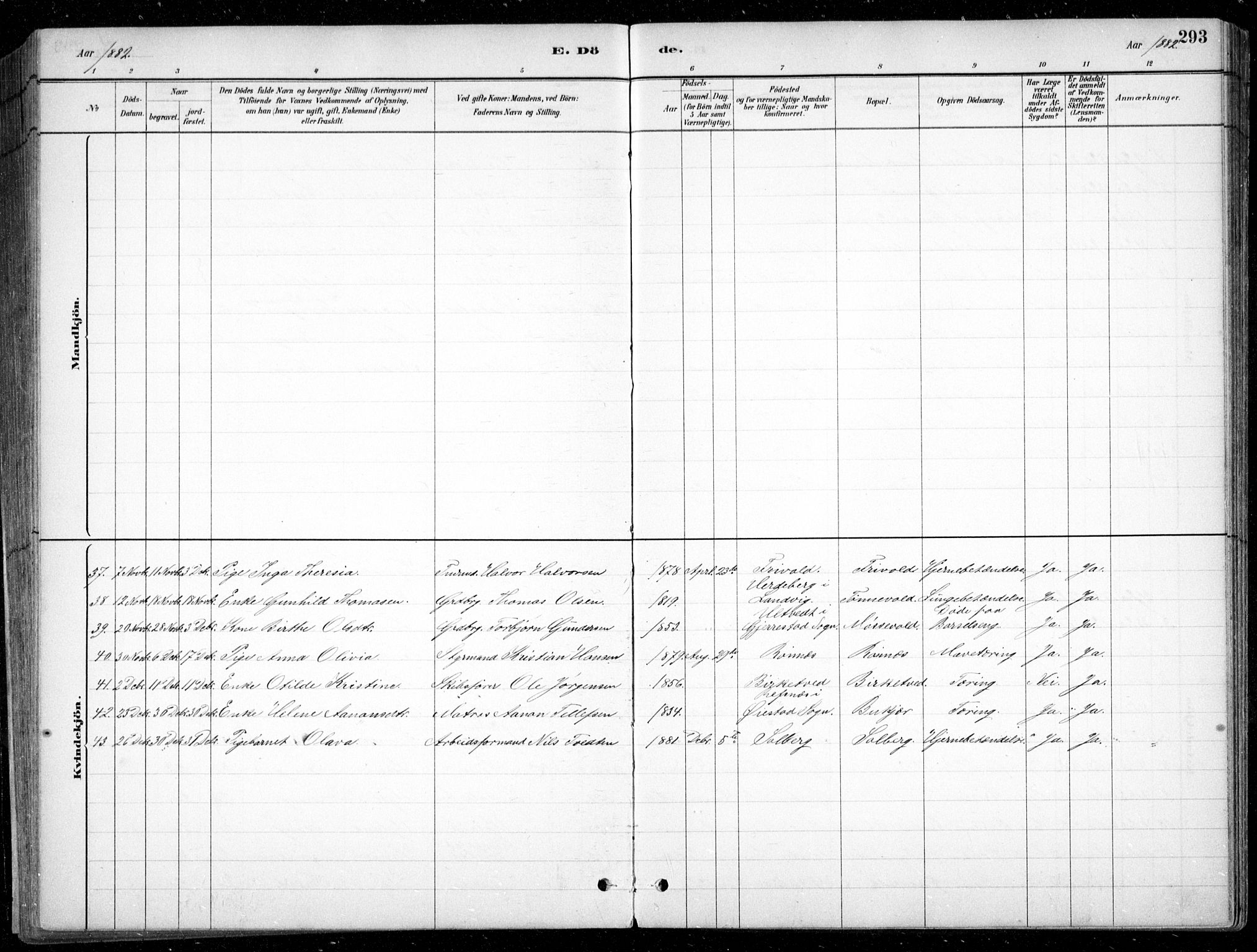 Fjære sokneprestkontor, SAK/1111-0011/F/Fb/L0011: Parish register (copy) no. B 11, 1881-1905, p. 293