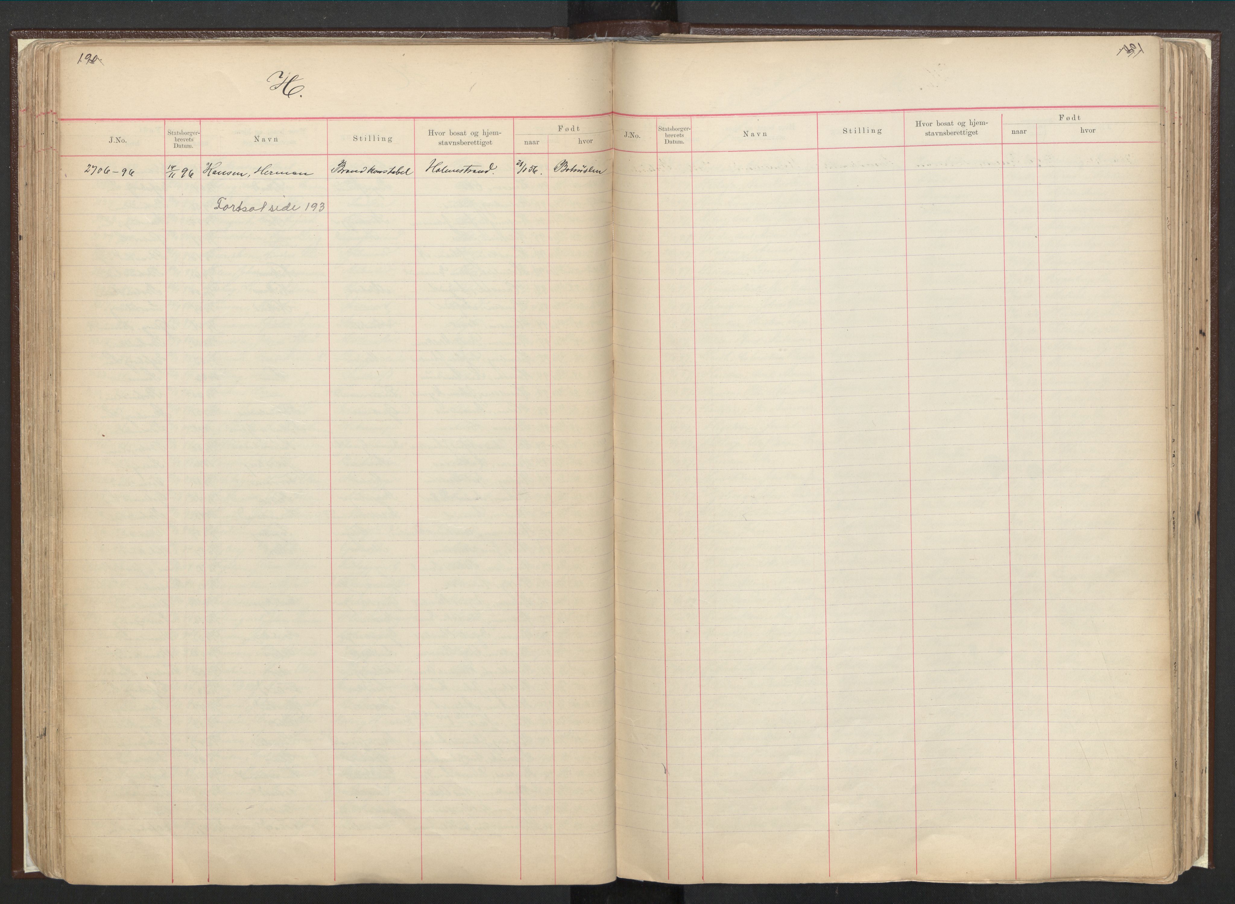 Justisdepartementet, 3. politikontor P3, AV/RA-S-1051/C/Cc/L0001: Journal over statsborgersaker, 1891-1946, p. 190-191