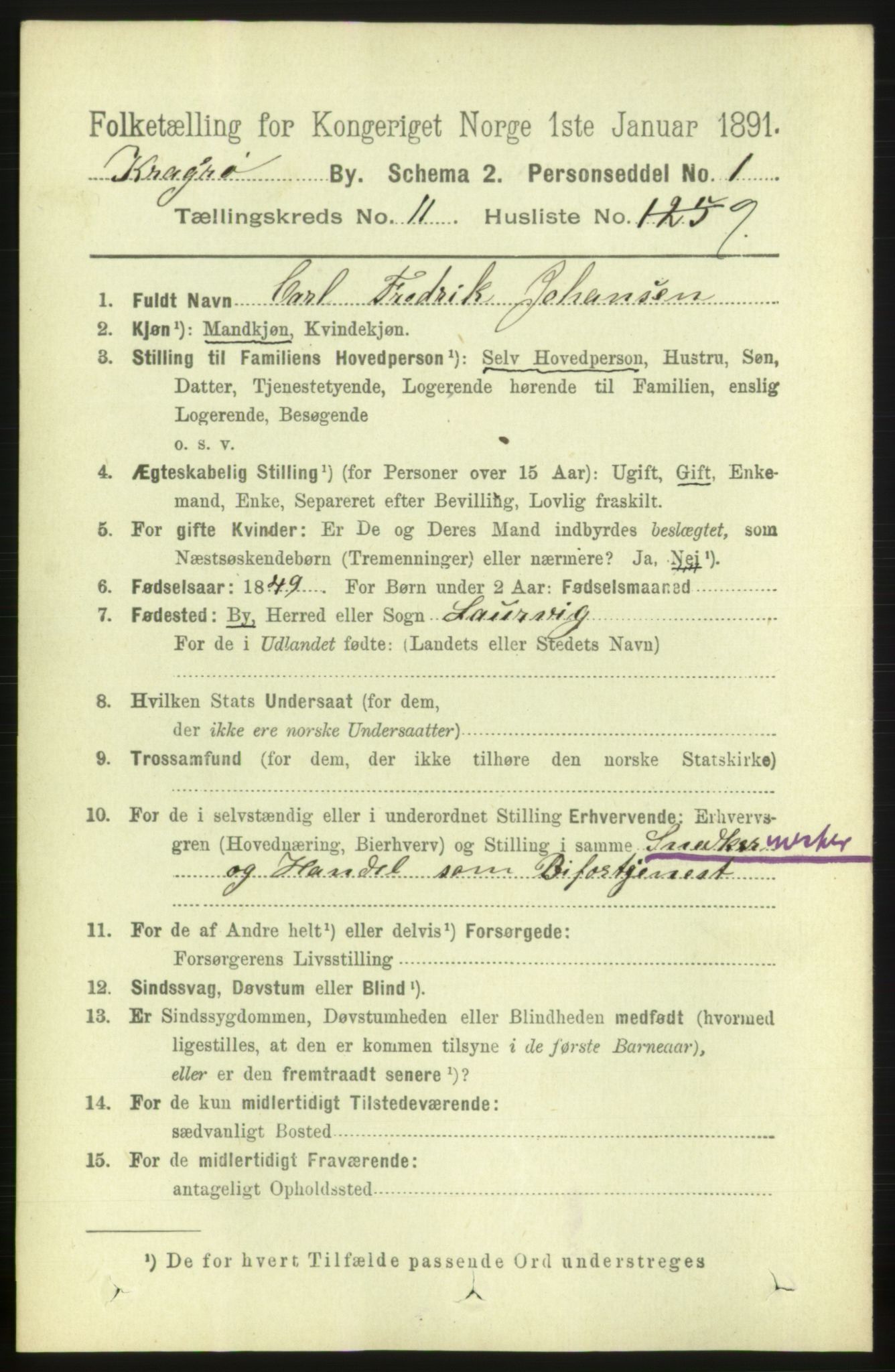 RA, 1891 census for 0801 Kragerø, 1891, p. 3908