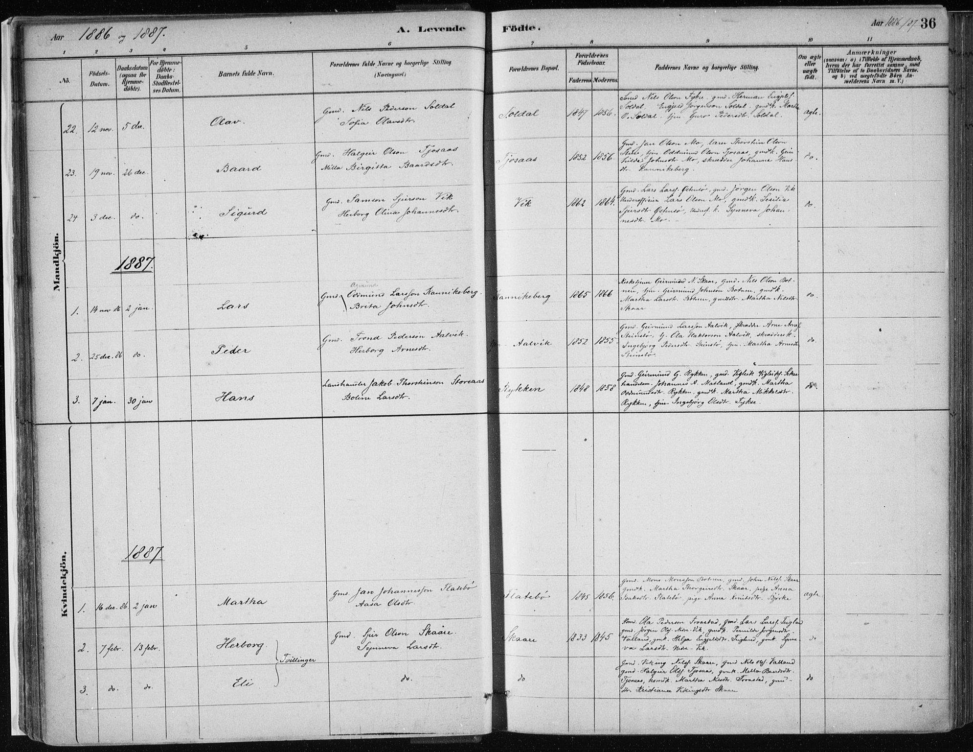 Kvam sokneprestembete, SAB/A-76201/H/Haa: Parish register (official) no. C  1, 1880-1906, p. 36