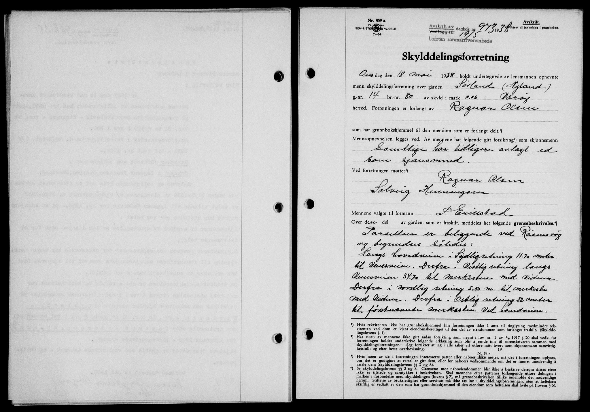 Lofoten sorenskriveri, SAT/A-0017/1/2/2C/L0004a: Mortgage book no. 4a, 1938-1938, Diary no: : 973/1938