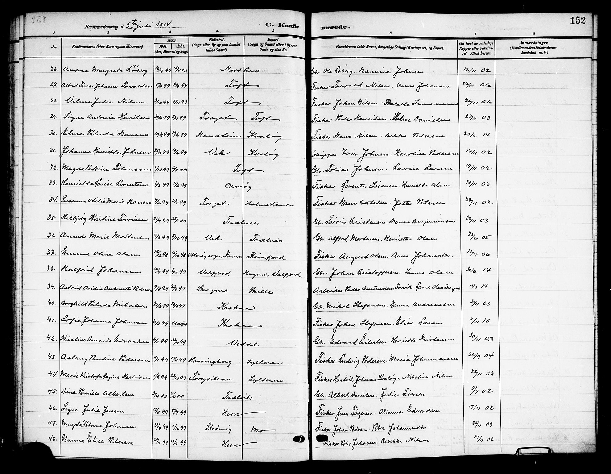 Ministerialprotokoller, klokkerbøker og fødselsregistre - Nordland, SAT/A-1459/813/L0214: Parish register (copy) no. 813C06, 1904-1917, p. 152