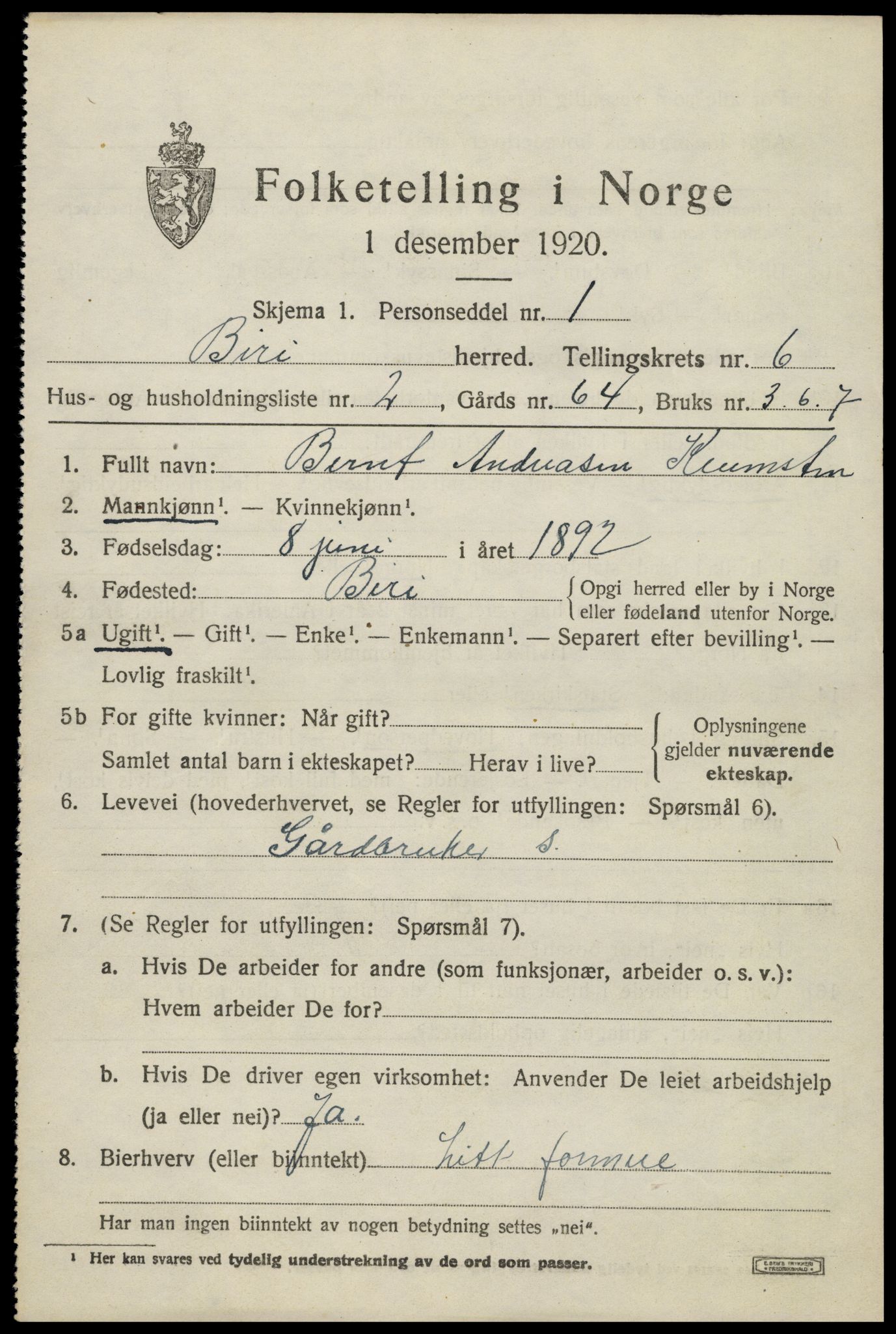 SAH, 1920 census for Biri, 1920, p. 5483