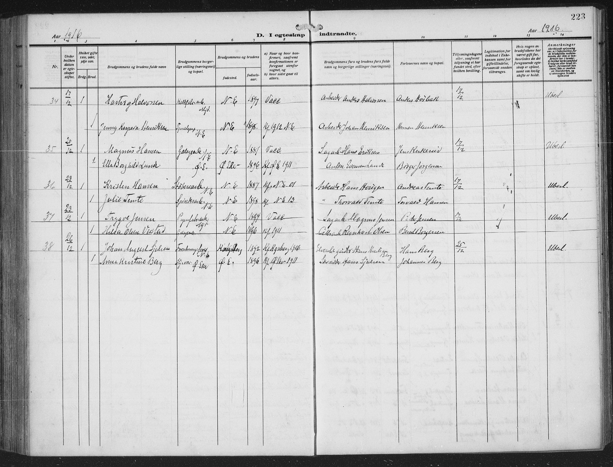 Nedre Eiker kirkebøker, AV/SAKO-A-612/F/Fa/L0007: Parish register (official) no. 7, 1912-1918, p. 223