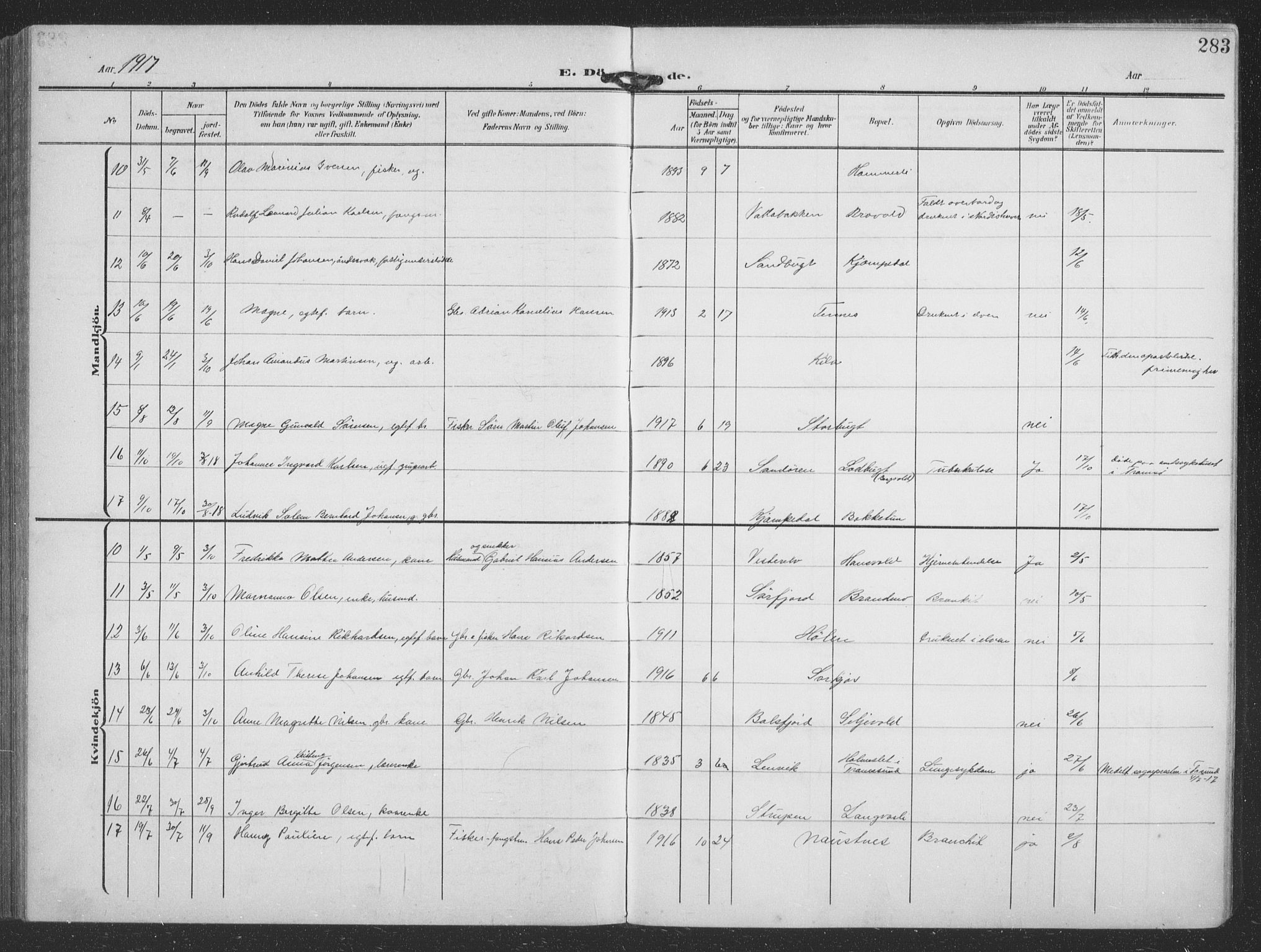 Balsfjord sokneprestembete, AV/SATØ-S-1303/G/Ga/L0009klokker: Parish register (copy) no. 9, 1906-1920, p. 283