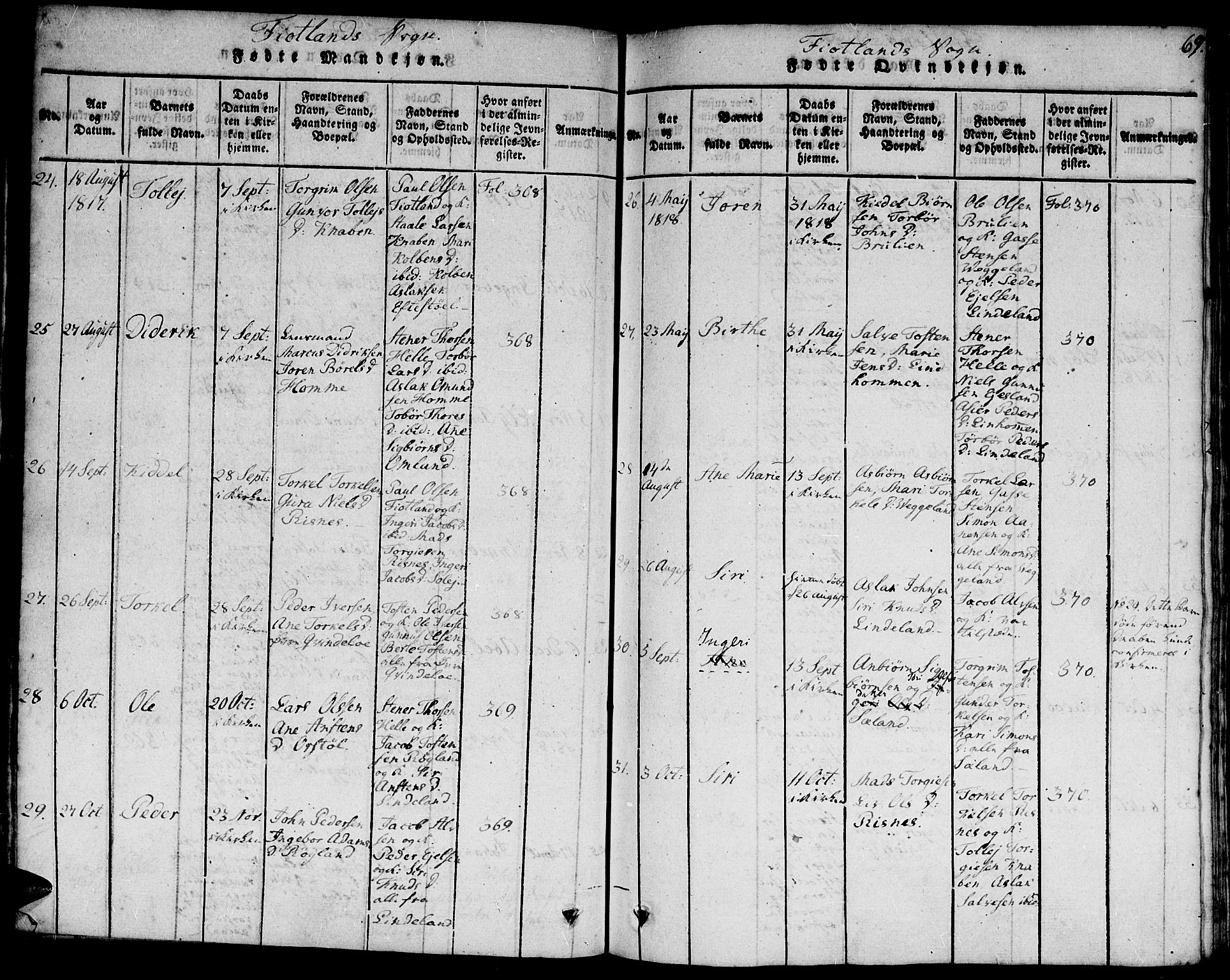 Hægebostad sokneprestkontor, SAK/1111-0024/F/Fa/Faa/L0002: Parish register (official) no. A 2 /3, 1816-1825, p. 69