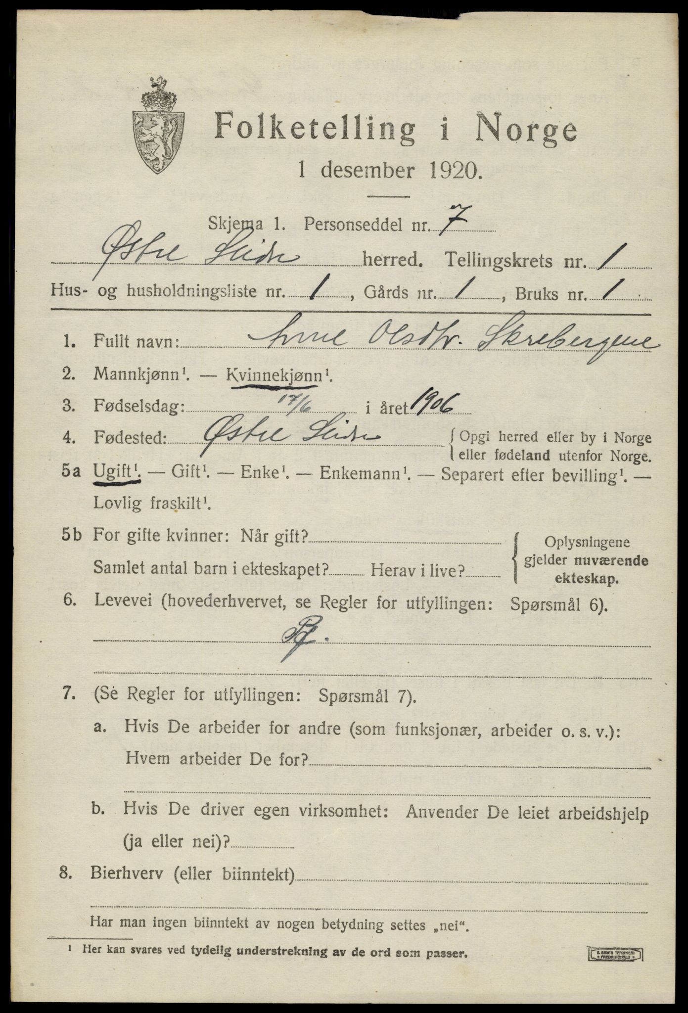 SAH, 1920 census for Øystre Slidre, 1920, p. 1015