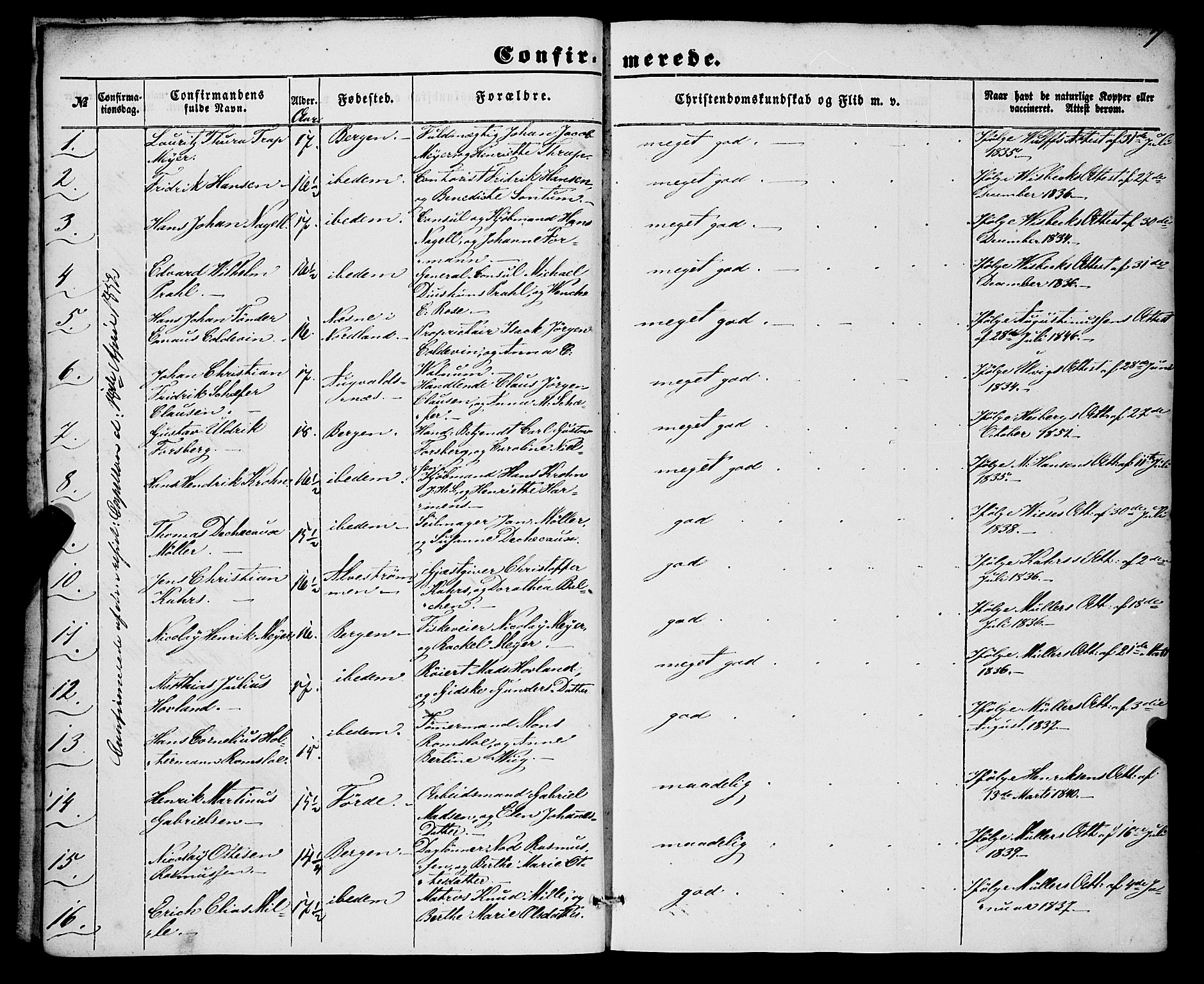 Nykirken Sokneprestembete, SAB/A-77101/H/Haa/L0023: Parish register (official) no. C 2, 1851-1863, p. 7