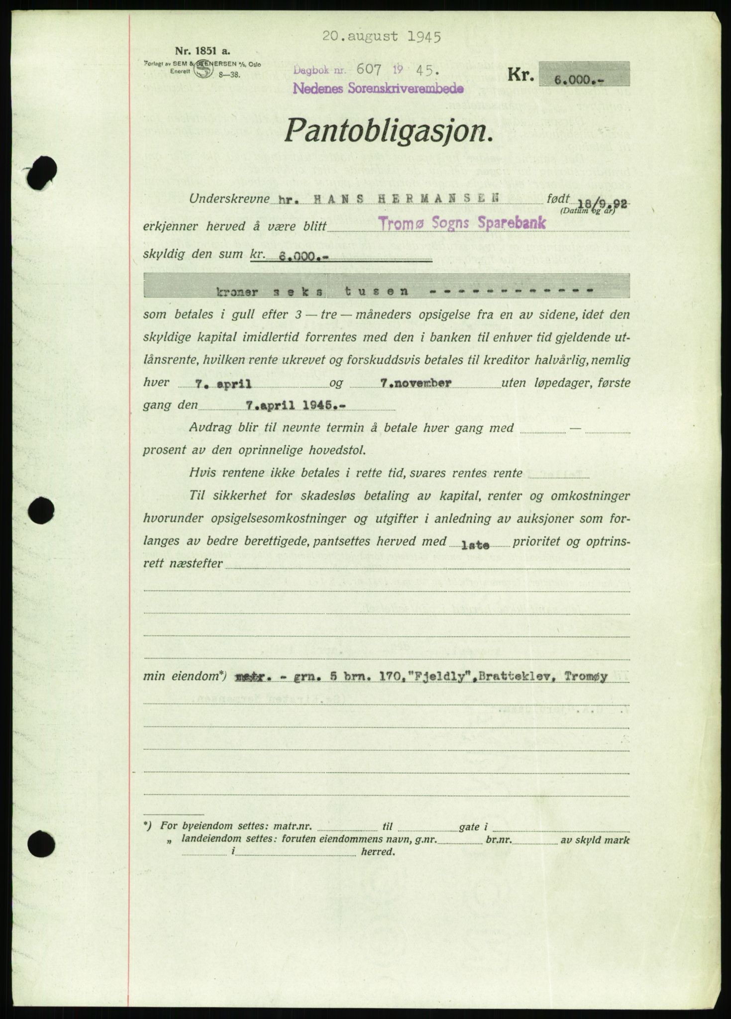 Nedenes sorenskriveri, AV/SAK-1221-0006/G/Gb/Gbb/L0002: Mortgage book no. II, 1942-1945, Diary no: : 607/1945