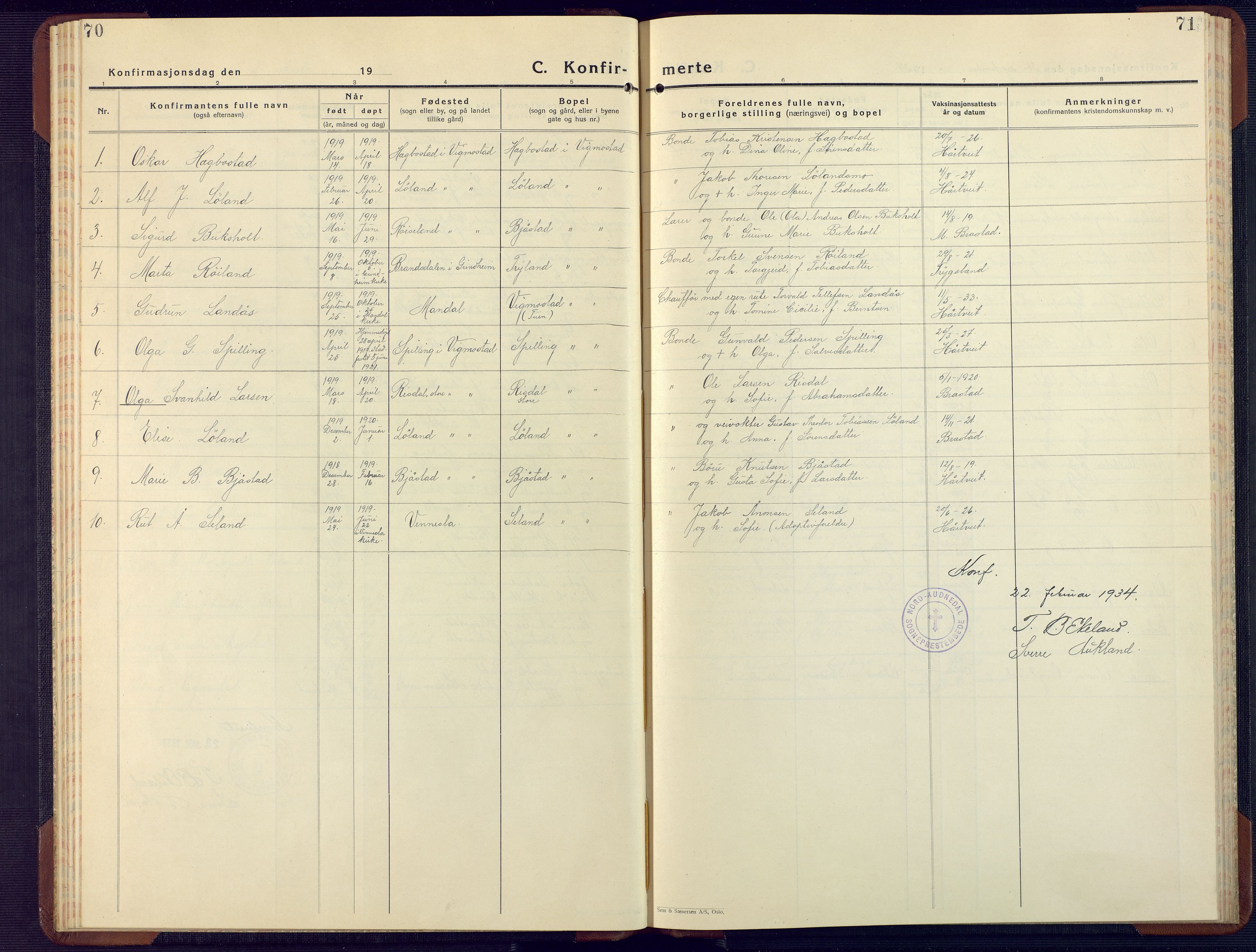 Nord-Audnedal sokneprestkontor, AV/SAK-1111-0032/F/Fb/Fbb/L0006: Parish register (copy) no. B 6, 1930-1948, p. 70-71