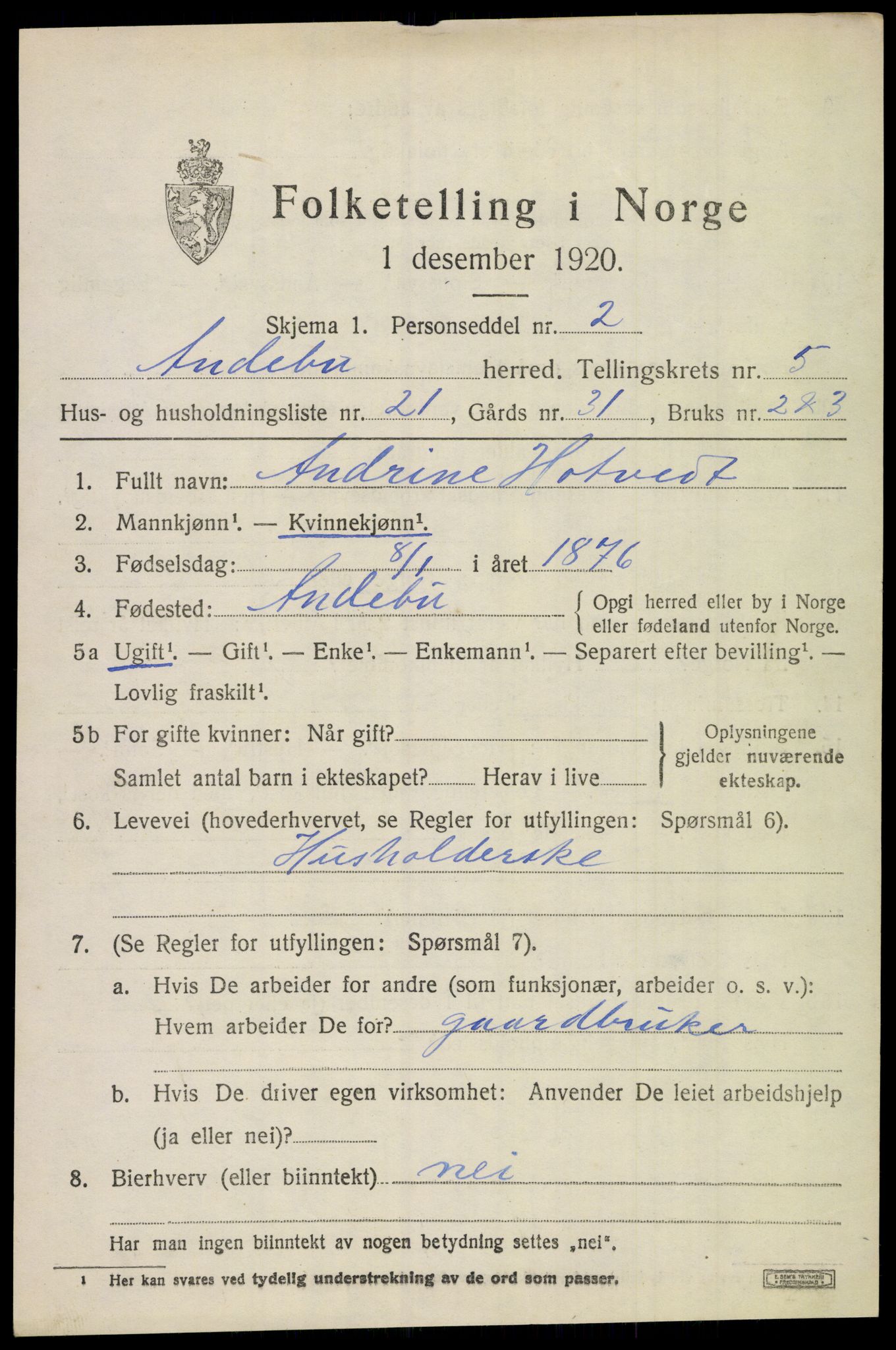 SAKO, 1920 census for Andebu, 1920, p. 2848