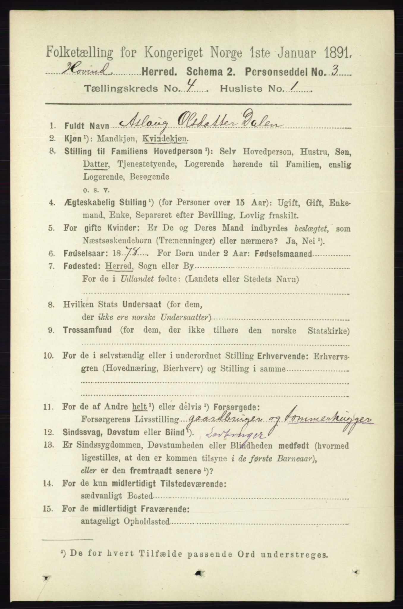 RA, 1891 census for 0825 Hovin, 1891, p. 814