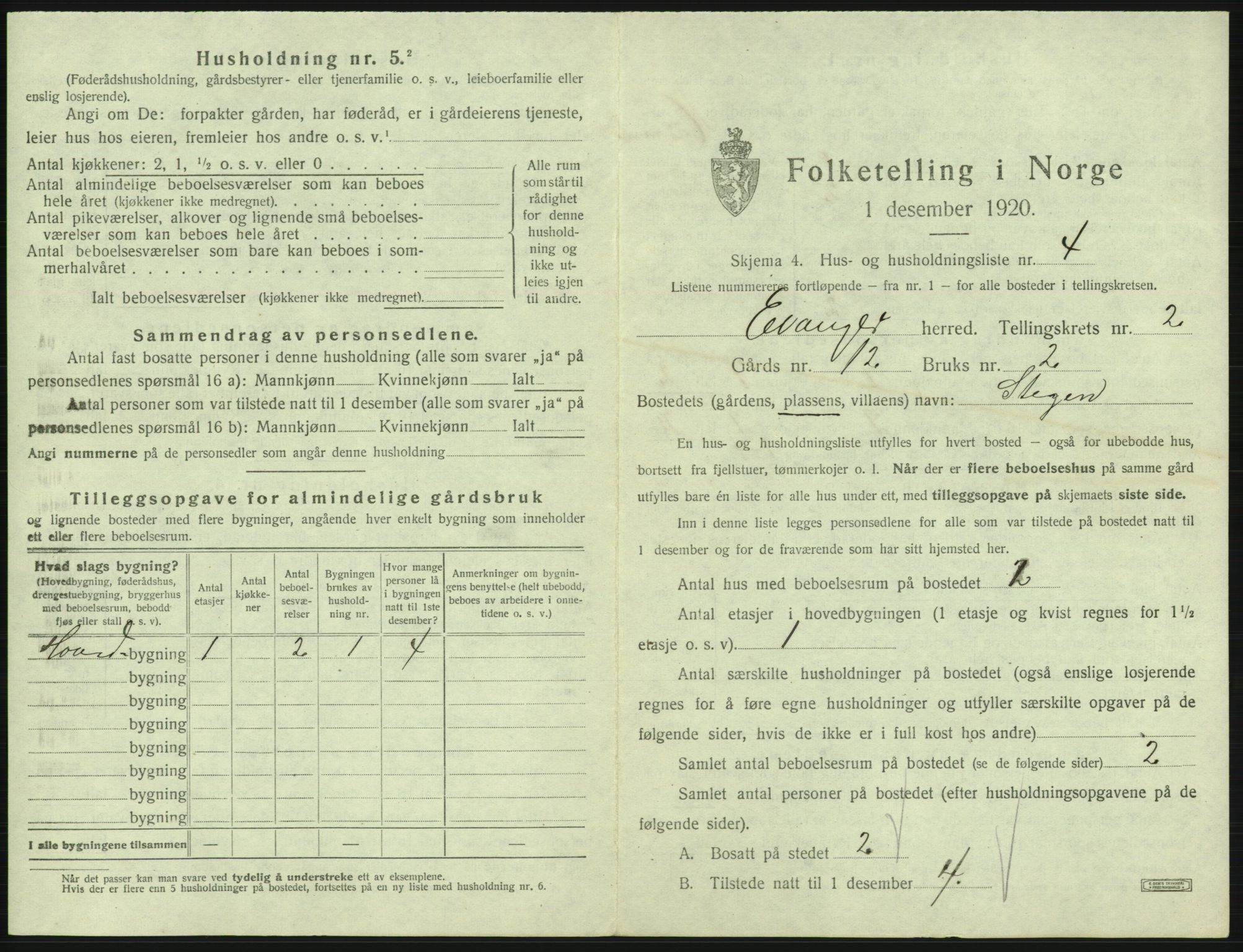 SAB, 1920 census for Evanger, 1920, p. 109