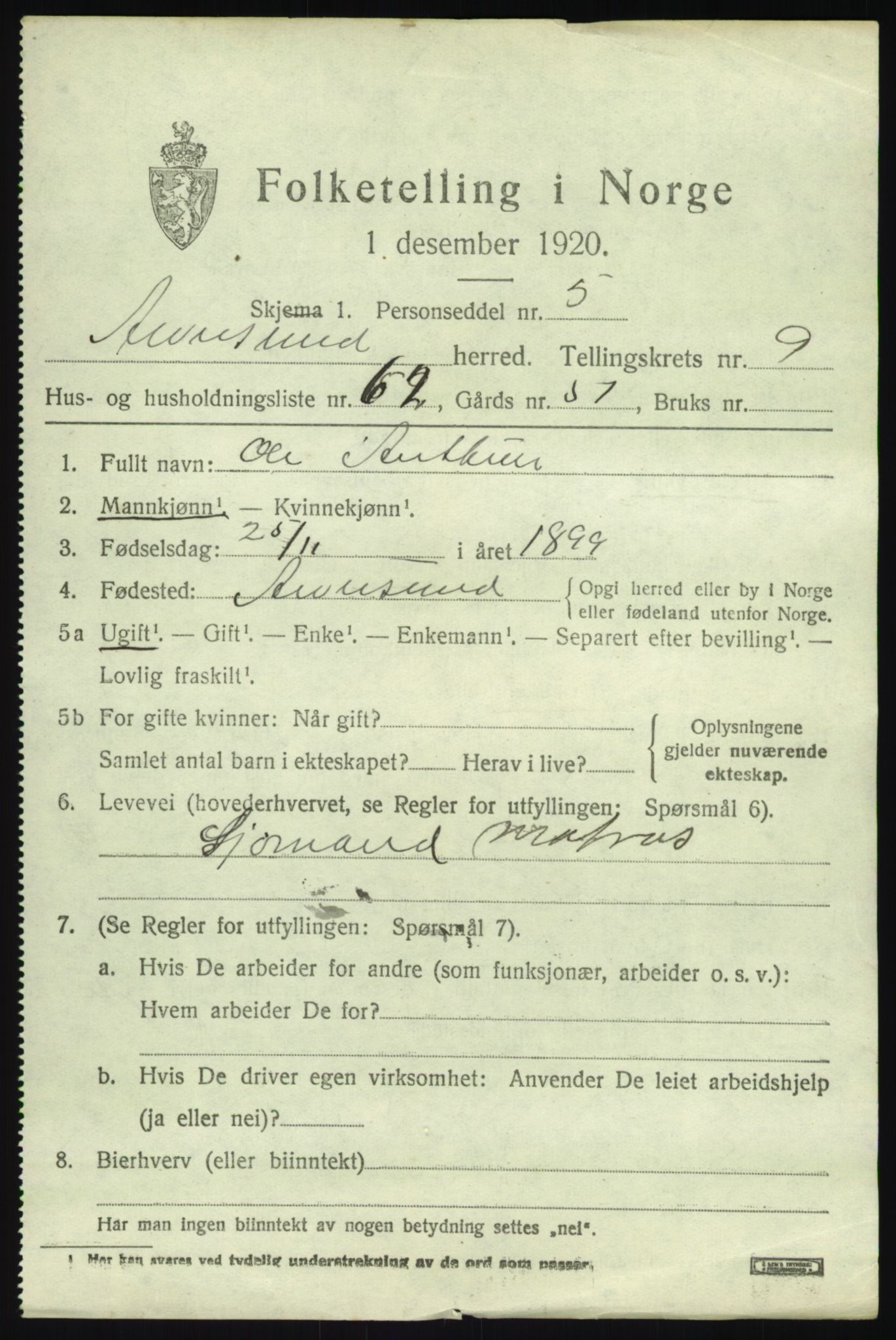 SAB, 1920 census for Alversund, 1920, p. 6232