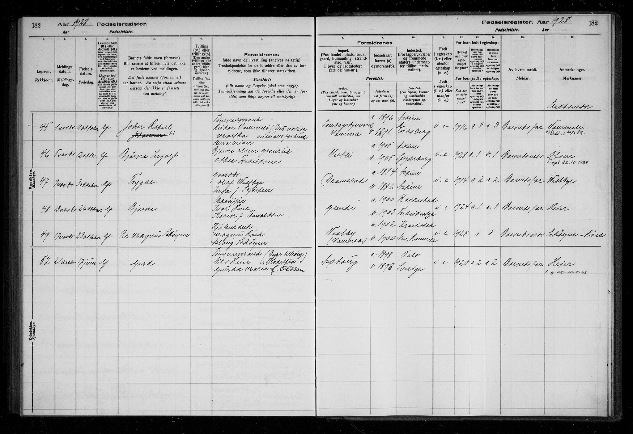 Askim prestekontor Kirkebøker, AV/SAO-A-10900/J/Ja/L0001: Birth register no. 1, 1916-1929, p. 182