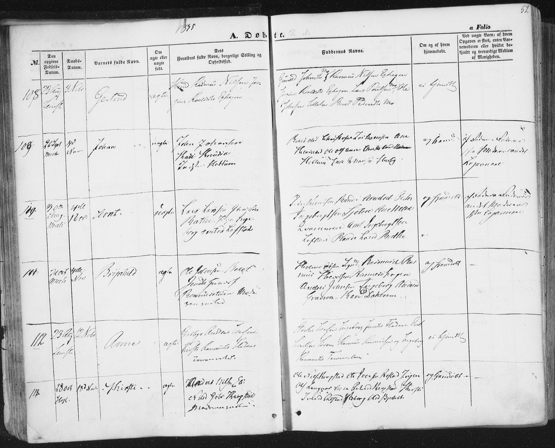 Ministerialprotokoller, klokkerbøker og fødselsregistre - Sør-Trøndelag, AV/SAT-A-1456/691/L1076: Parish register (official) no. 691A08, 1852-1861, p. 52