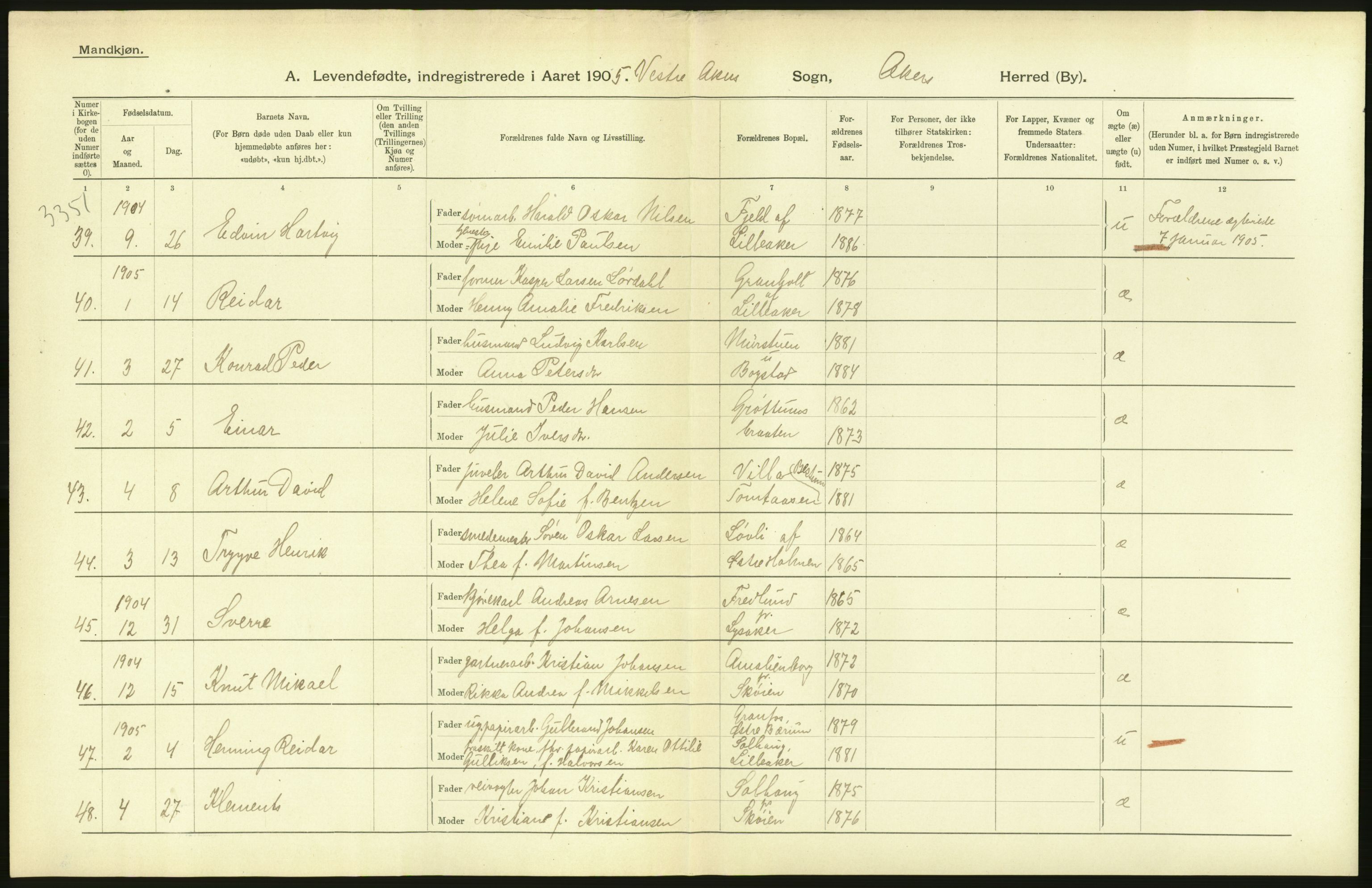 Statistisk sentralbyrå, Sosiodemografiske emner, Befolkning, RA/S-2228/D/Df/Dfa/Dfac/L0004: Akershus amt: Fødte. Bygder., 1905, p. 30