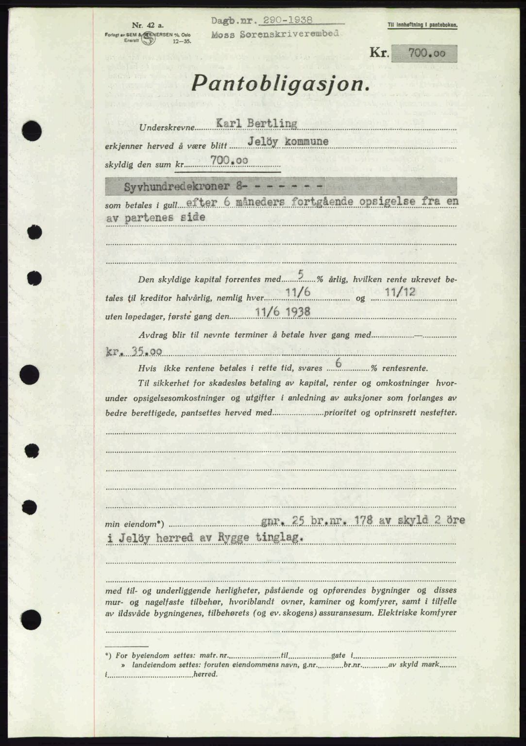 Moss sorenskriveri, AV/SAO-A-10168: Mortgage book no. B5, 1938-1938, Diary no: : 290/1938