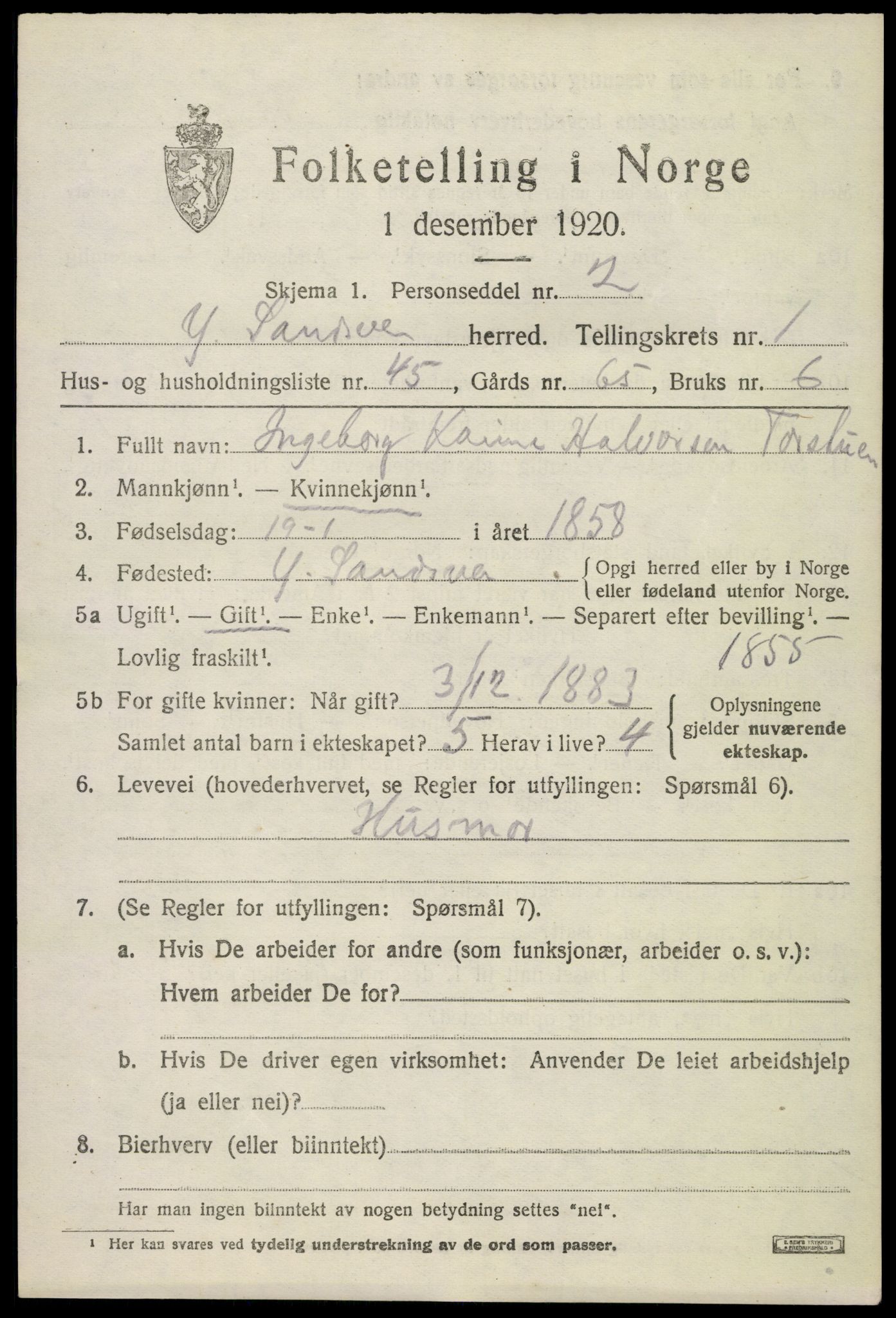 SAKO, 1920 census for Ytre Sandsvær, 1920, p. 1636