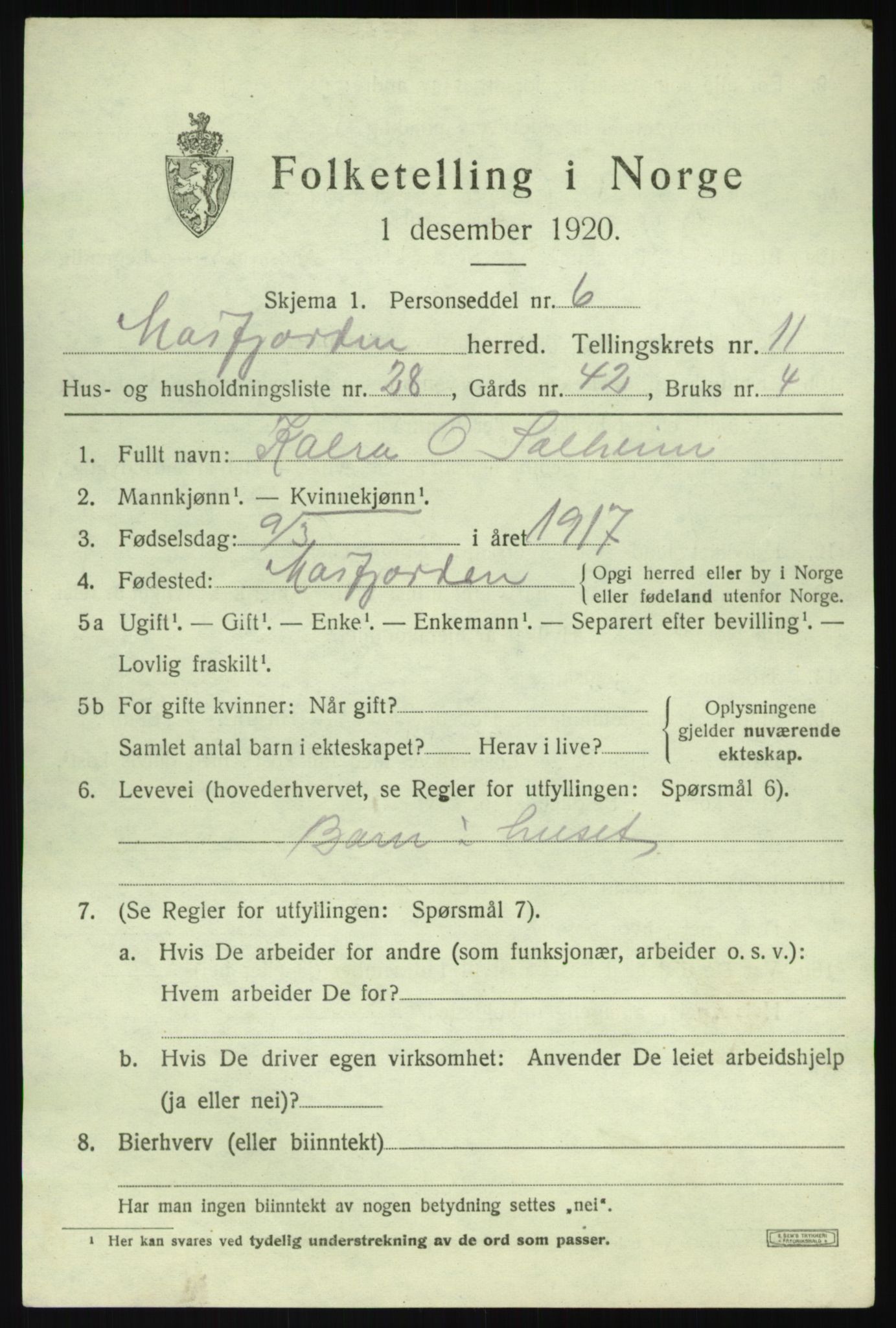 SAB, 1920 census for Masfjorden, 1920, p. 4459