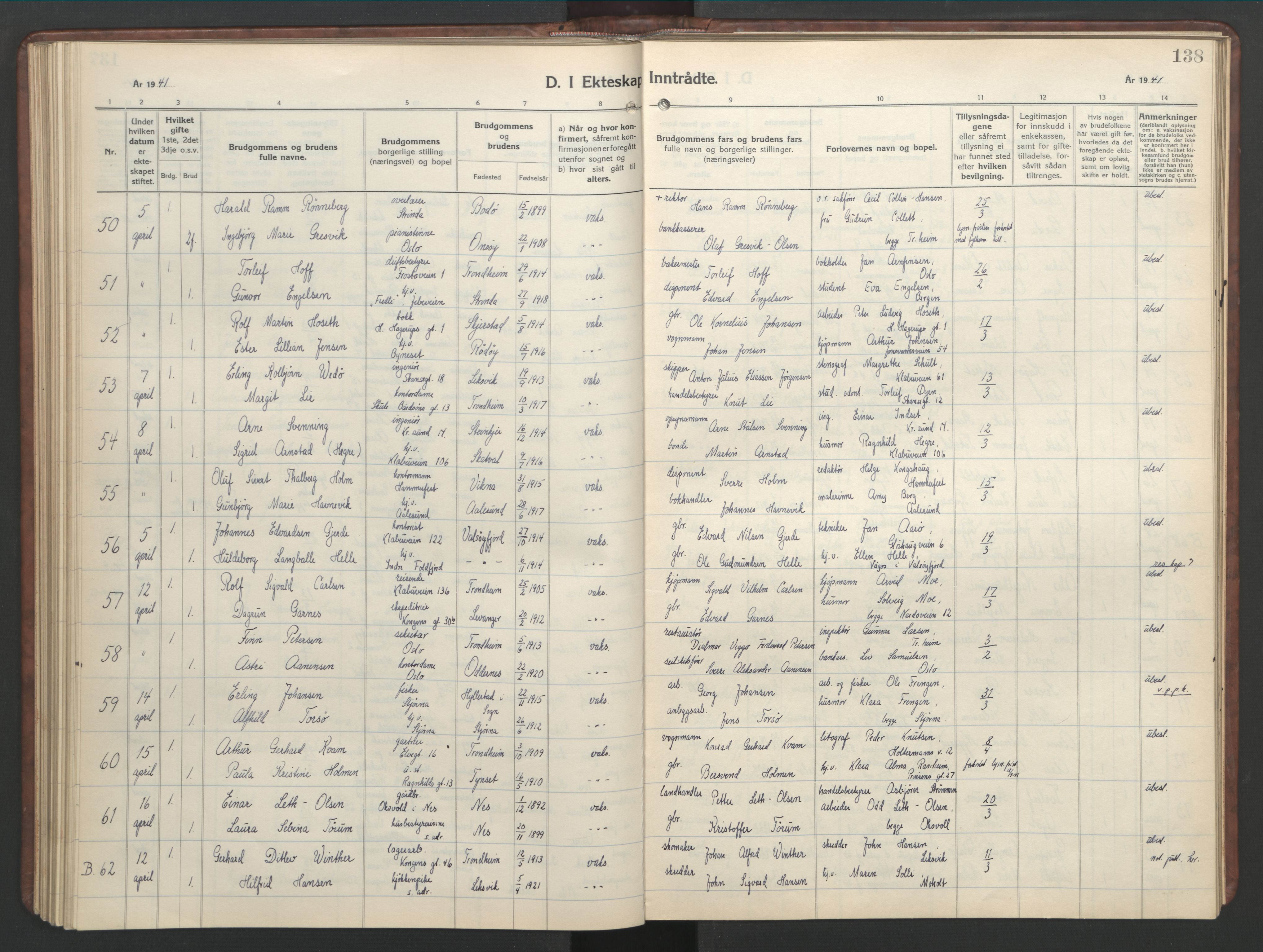 Ministerialprotokoller, klokkerbøker og fødselsregistre - Sør-Trøndelag, SAT/A-1456/601/L0101: Parish register (copy) no. 601C19, 1935-1946, p. 138