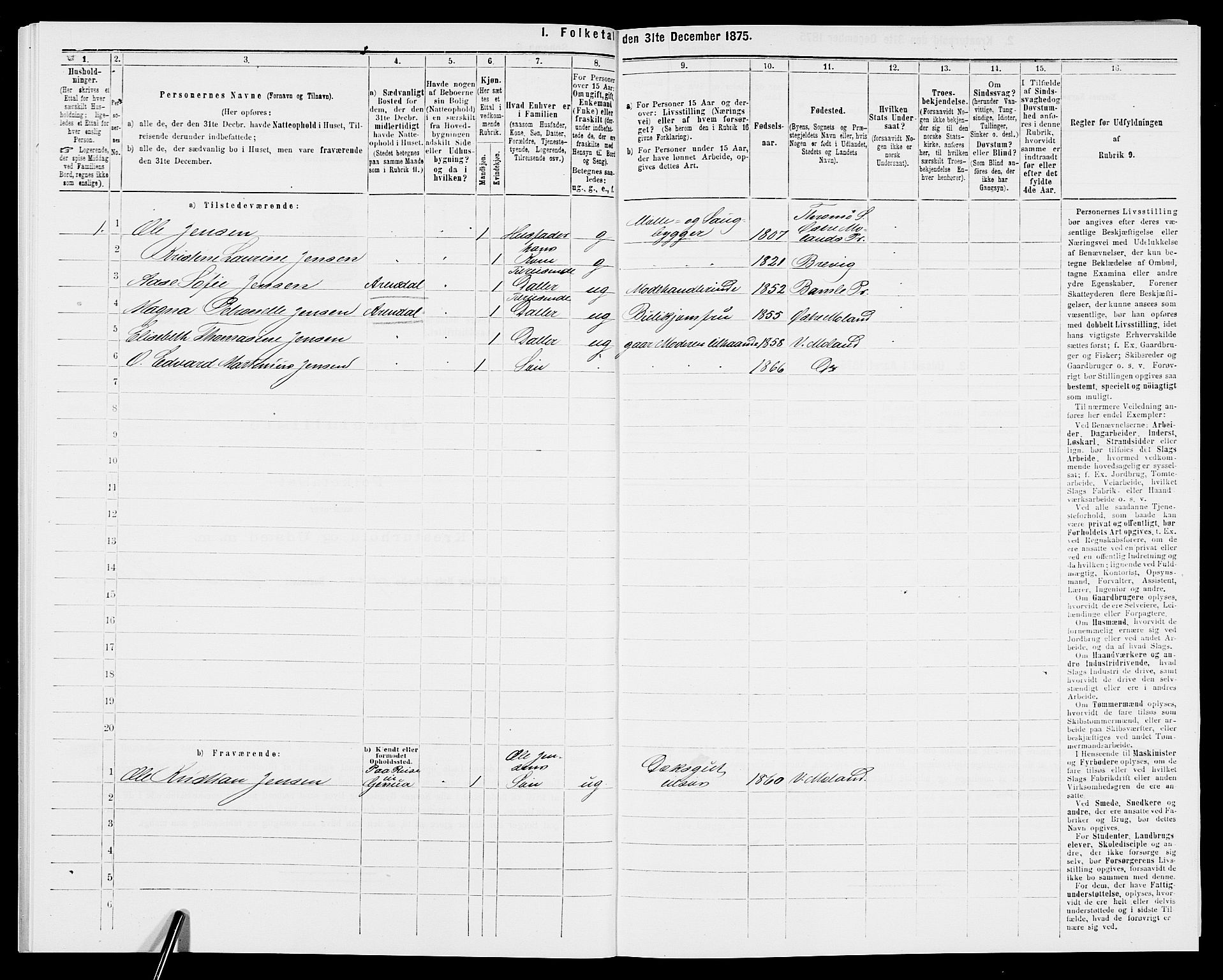 SAK, 1875 census for 0926L Vestre Moland/Vestre Moland, 1875, p. 436