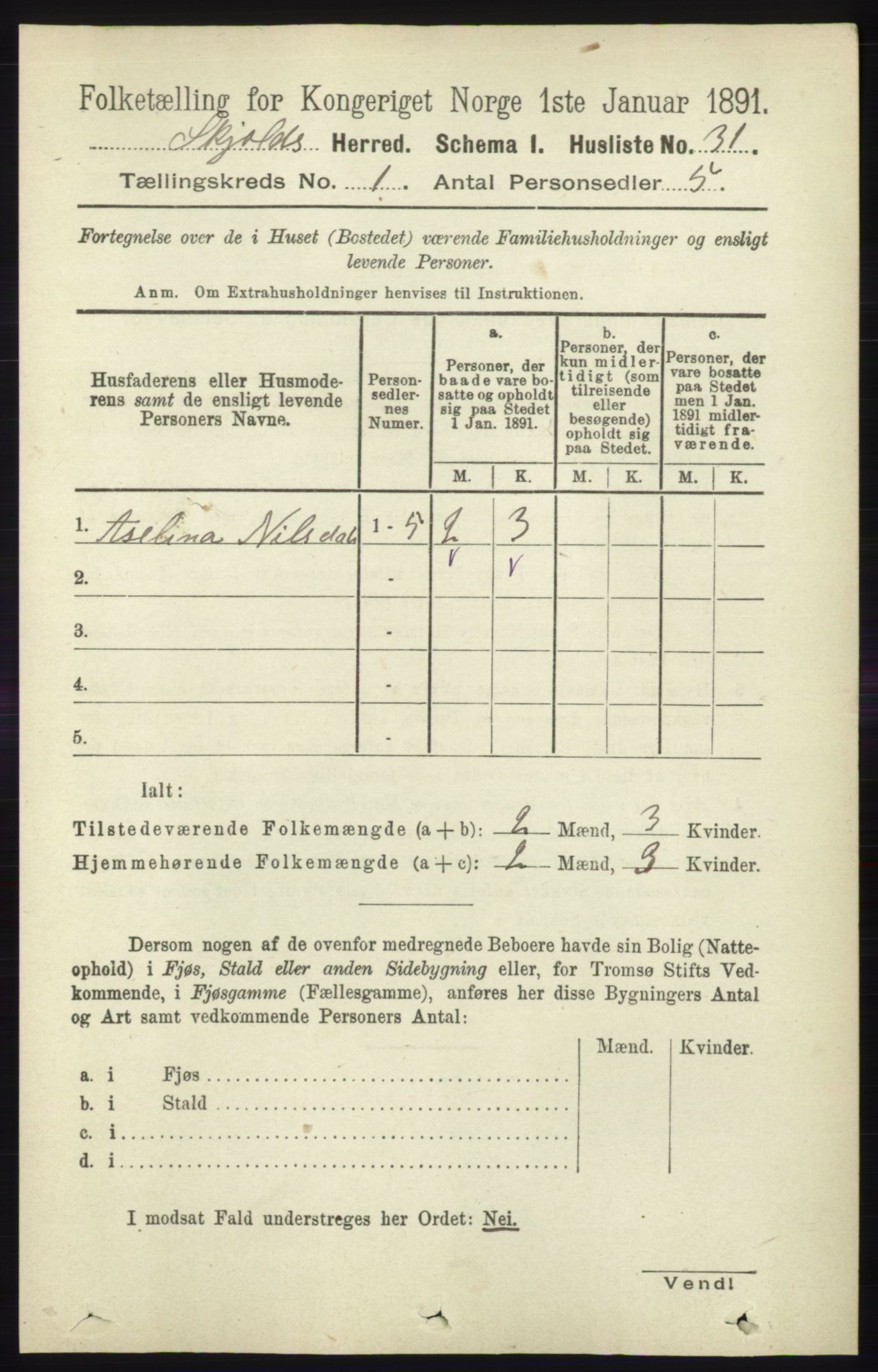 RA, 1891 census for 1154 Skjold, 1891, p. 65