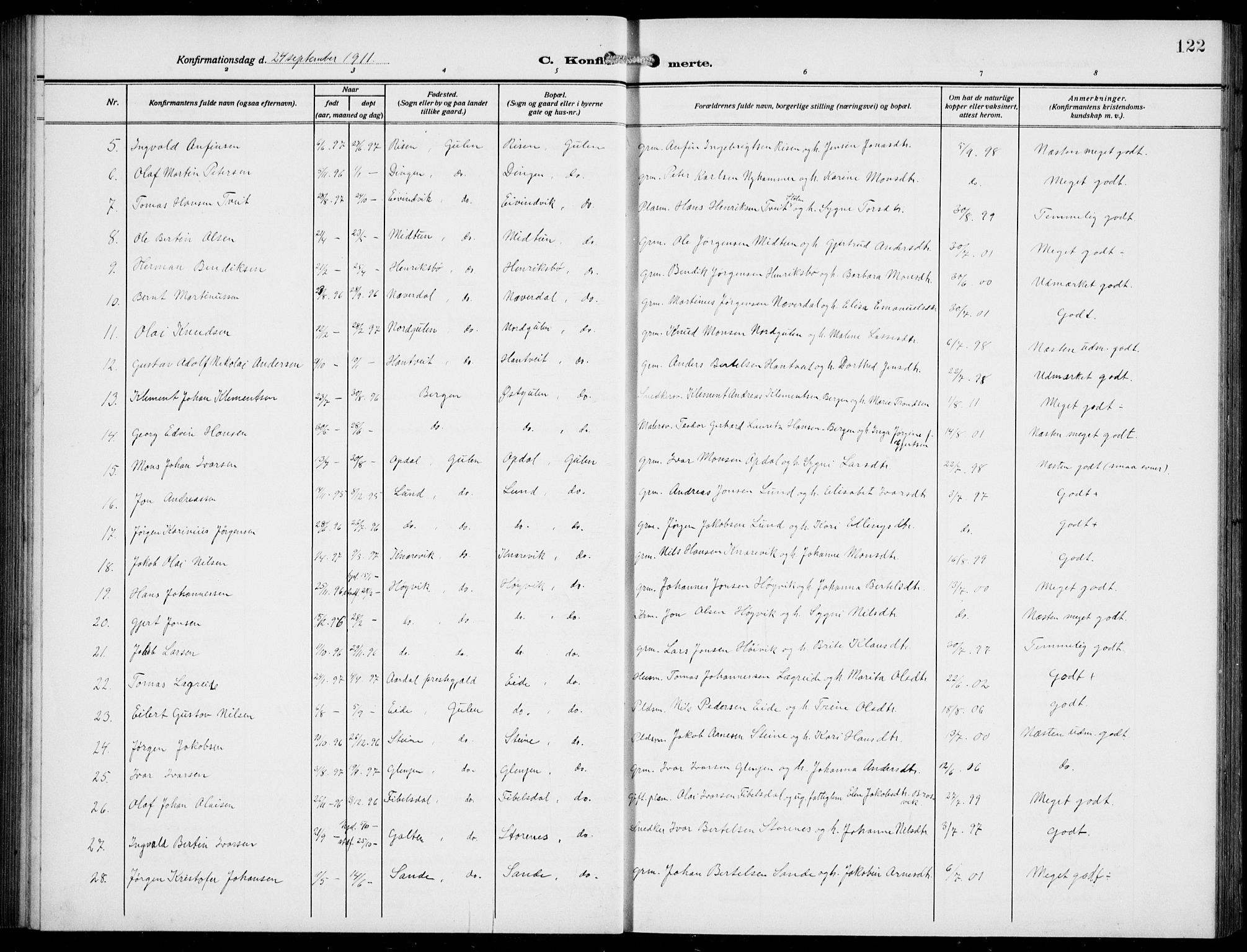 Gulen sokneprestembete, AV/SAB-A-80201/H/Hab/Habb/L0004: Parish register (copy) no. B 4, 1908-1936, p. 122