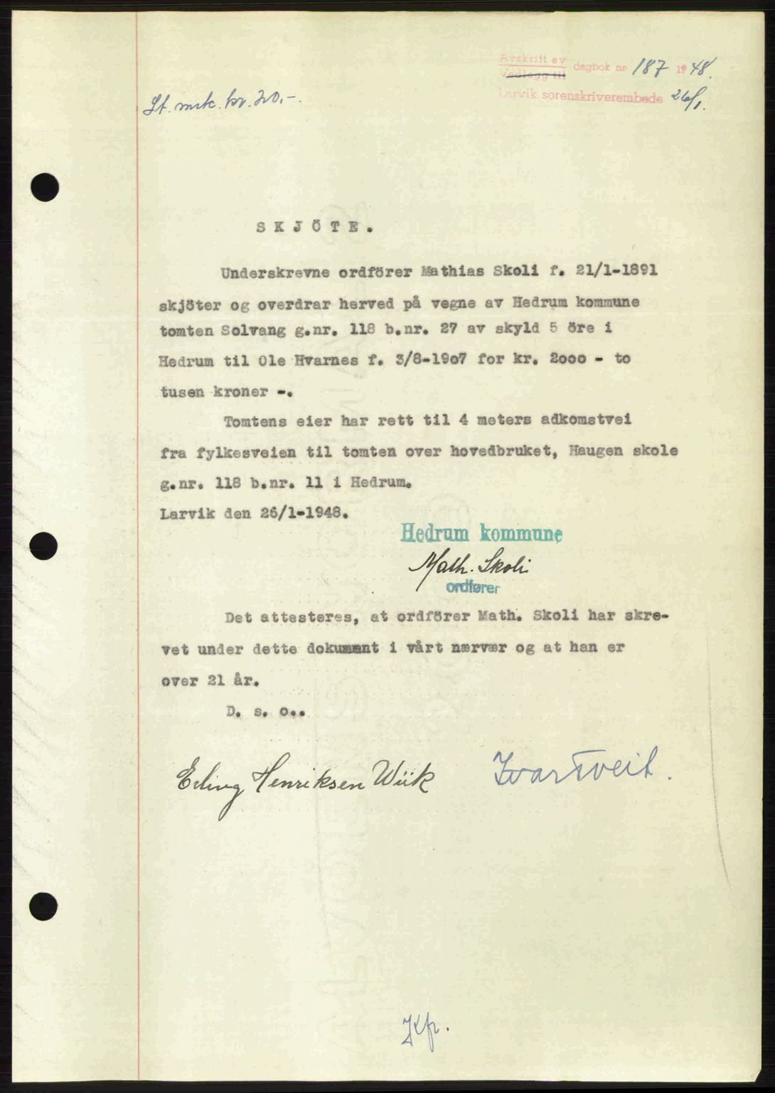 Larvik sorenskriveri, AV/SAKO-A-83/G/Ga/Gab/L0086: Mortgage book no. A-20, 1948-1948, Diary no: : 187/1948