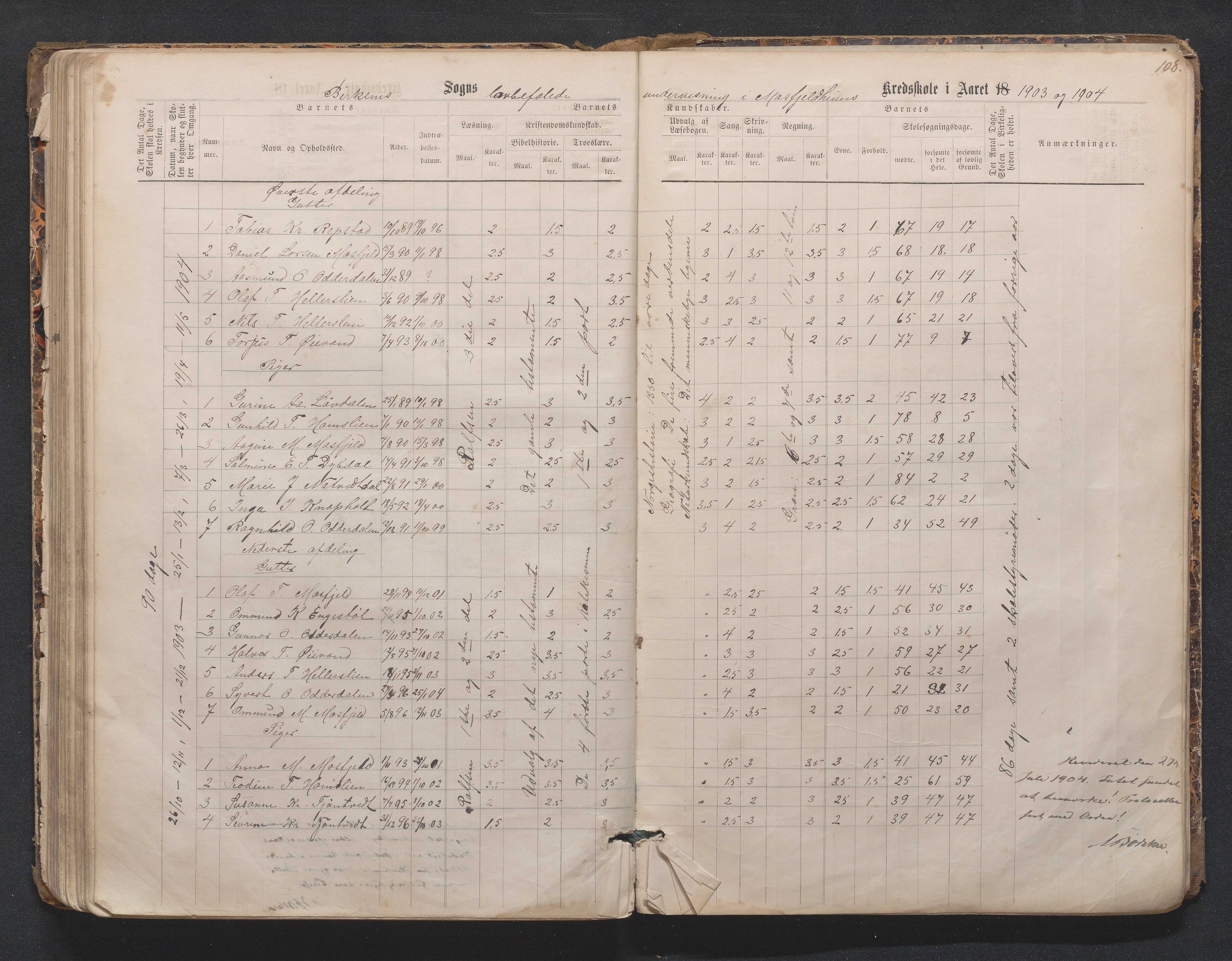 Birkenes kommune, Mosfjell skolekrets, AAKS/KA0928-550f_91/F02/L0001: Skoleprotokoll Flå og Mosfjell, 1867-1909, p. 108