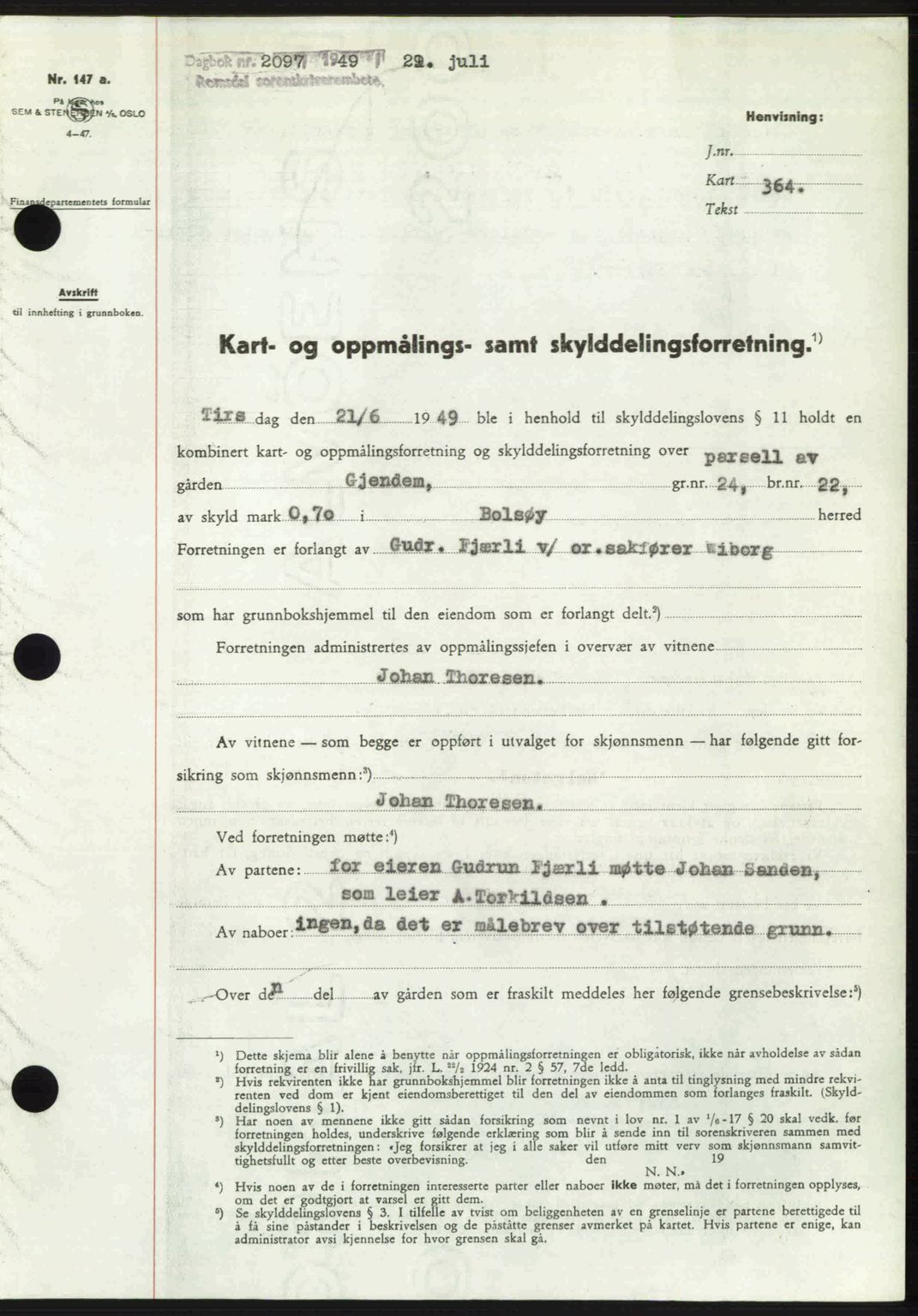 Romsdal sorenskriveri, AV/SAT-A-4149/1/2/2C: Mortgage book no. A30, 1949-1949, Diary no: : 2097/1949