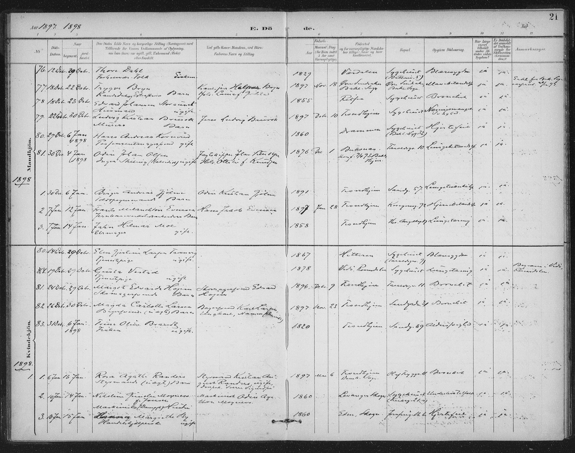 Ministerialprotokoller, klokkerbøker og fødselsregistre - Sør-Trøndelag, SAT/A-1456/602/L0123: Parish register (official) no. 602A21, 1895-1910, p. 21