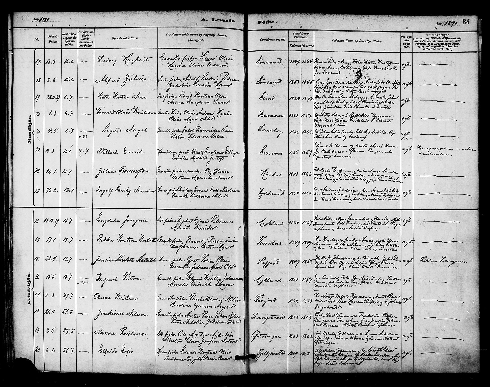 Ministerialprotokoller, klokkerbøker og fødselsregistre - Nordland, SAT/A-1459/893/L1337: Parish register (official) no. 893A09, 1885-1893, p. 34