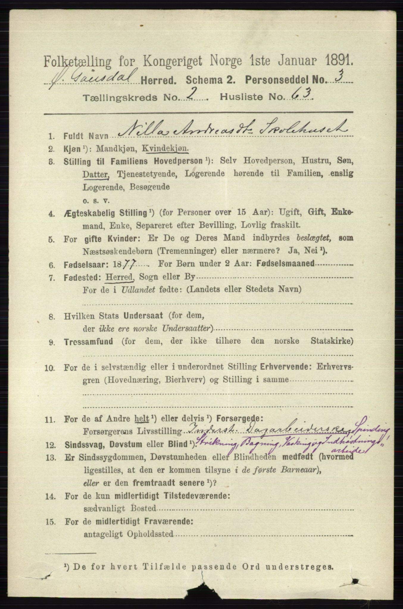 RA, 1891 census for 0522 Østre Gausdal, 1891, p. 1606