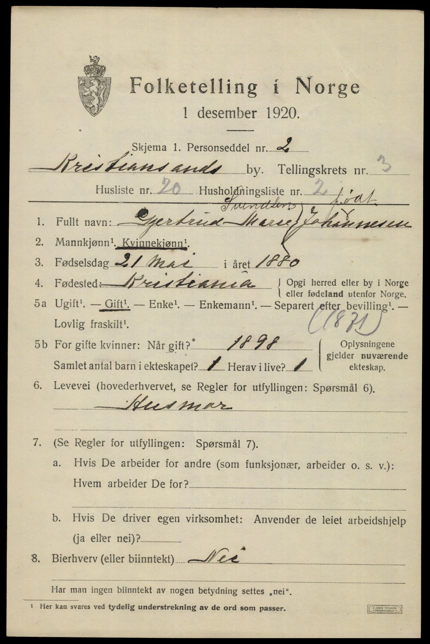 SAK, 1920 census for Kristiansand, 1920, p. 14271