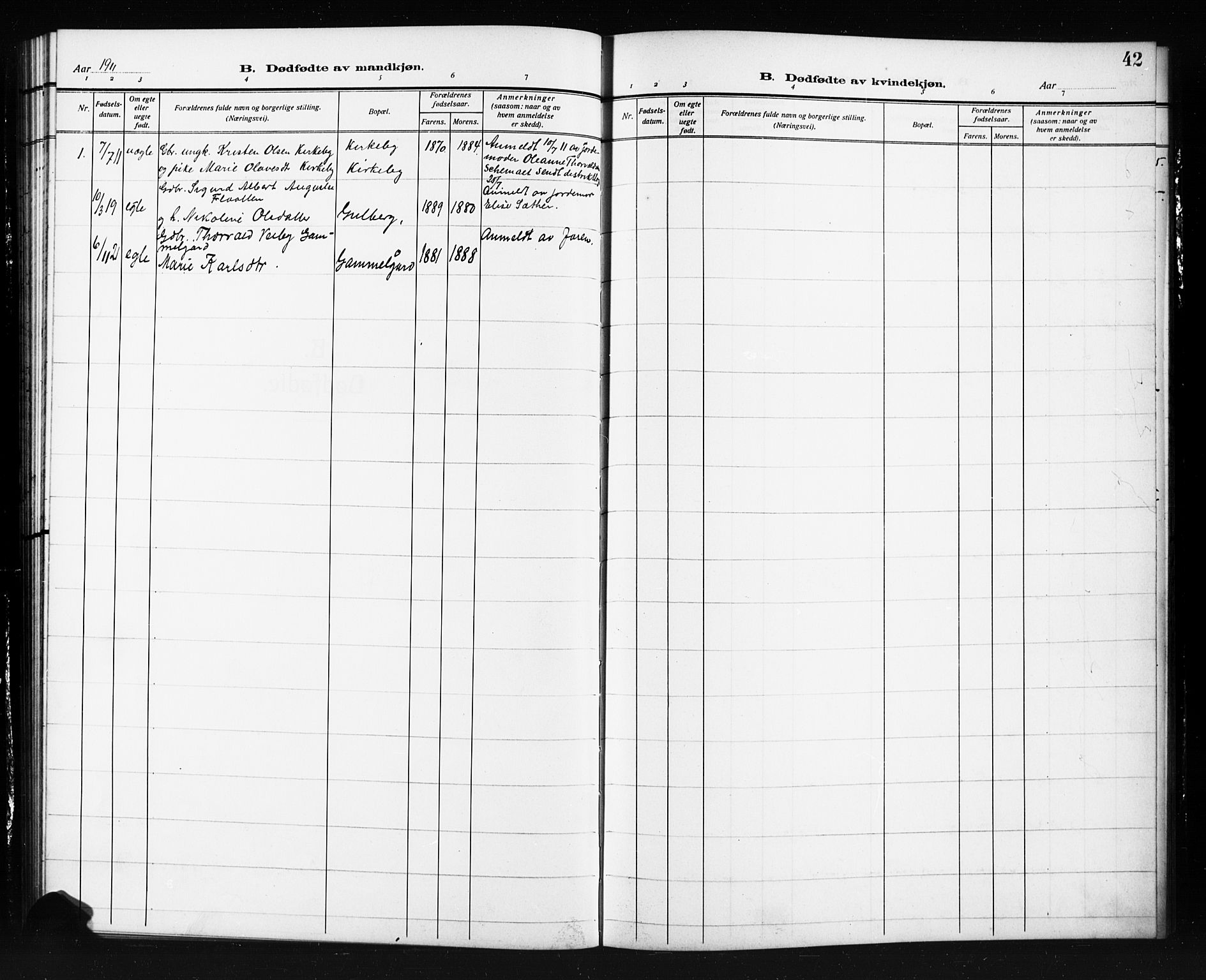 Trøgstad prestekontor Kirkebøker, AV/SAO-A-10925/G/Gb/L0001: Parish register (copy) no. II 1, 1911-1925, p. 42