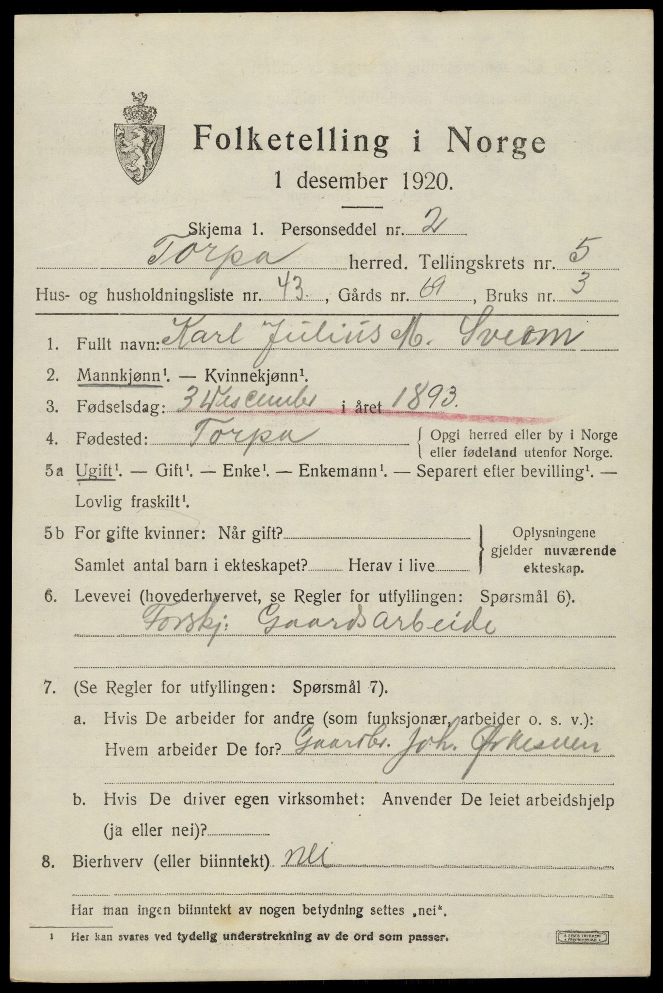 SAH, 1920 census for Torpa, 1920, p. 3977