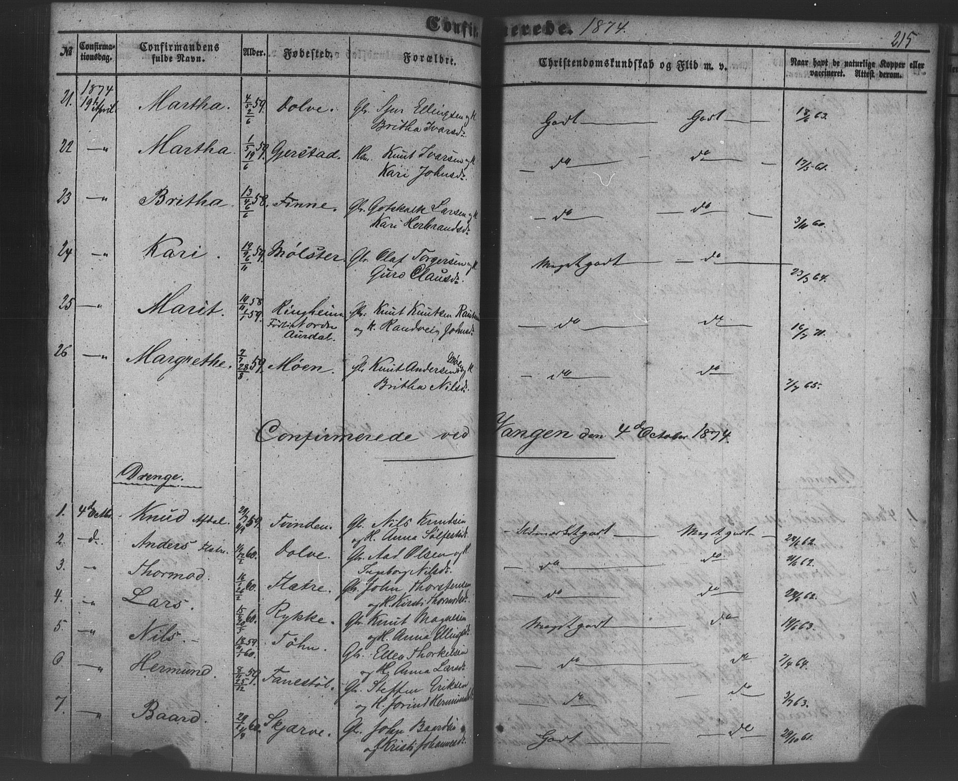 Voss sokneprestembete, SAB/A-79001/H/Haa: Parish register (official) no. A 18, 1848-1876, p. 215