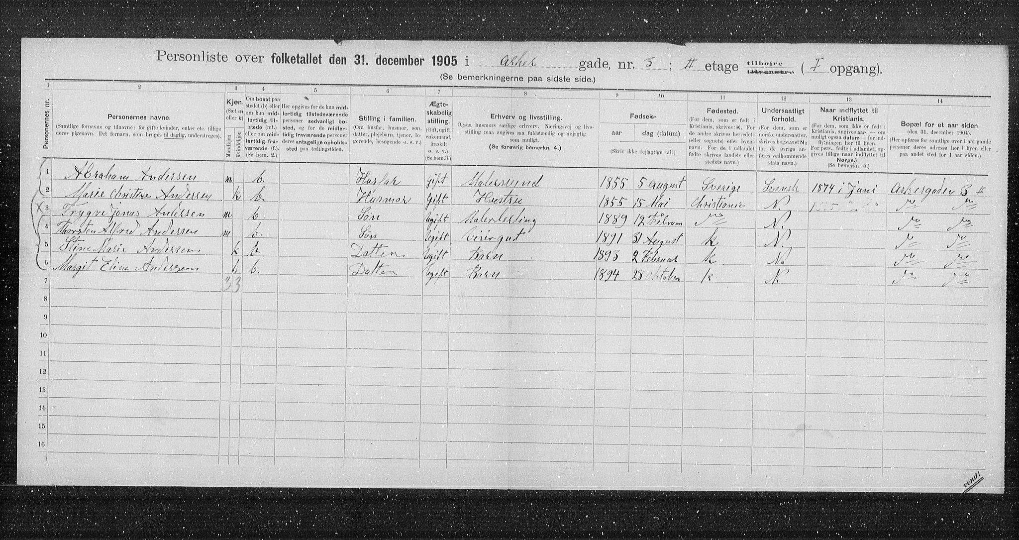 OBA, Municipal Census 1905 for Kristiania, 1905, p. 1298