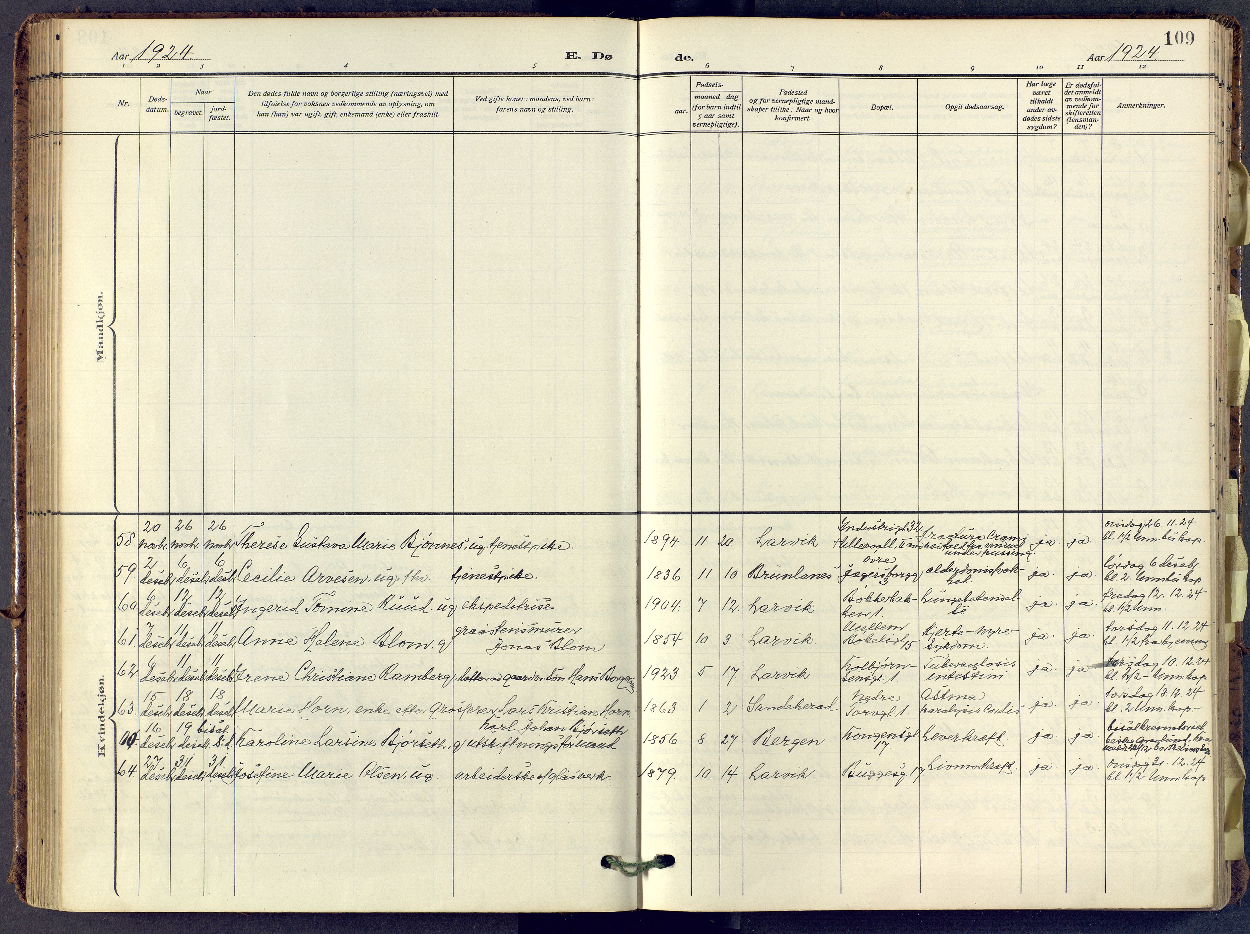 Larvik kirkebøker, AV/SAKO-A-352/F/Fa/L0013: Parish register (official) no. I 13, 1910-1960, p. 109