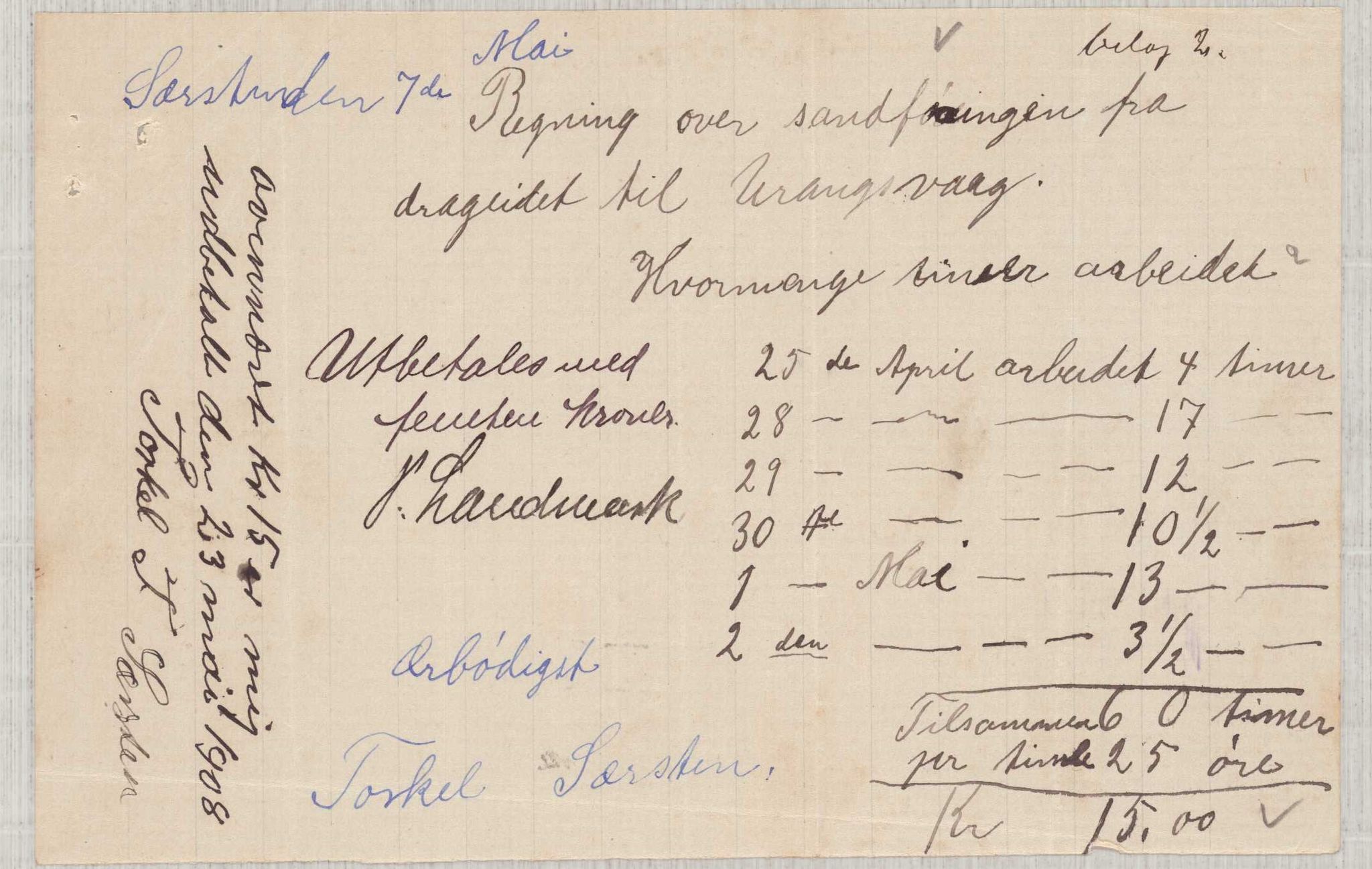 Finnaas kommune. Formannskapet, IKAH/1218a-021/E/Ea/L0002/0005: Rekneskap for veganlegg / Rekneskap for veganlegget Urangsvåg - Mælandsvåg, 1907-1909, p. 38