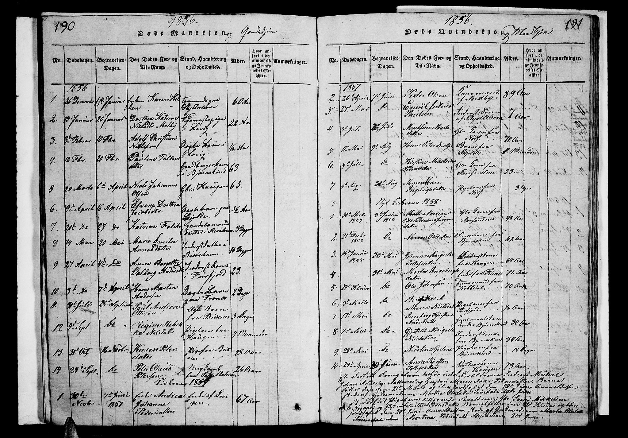 Ministerialprotokoller, klokkerbøker og fødselsregistre - Nordland, SAT/A-1459/899/L1446: Parish register (copy) no. 899C01, 1820-1868, p. 190-191