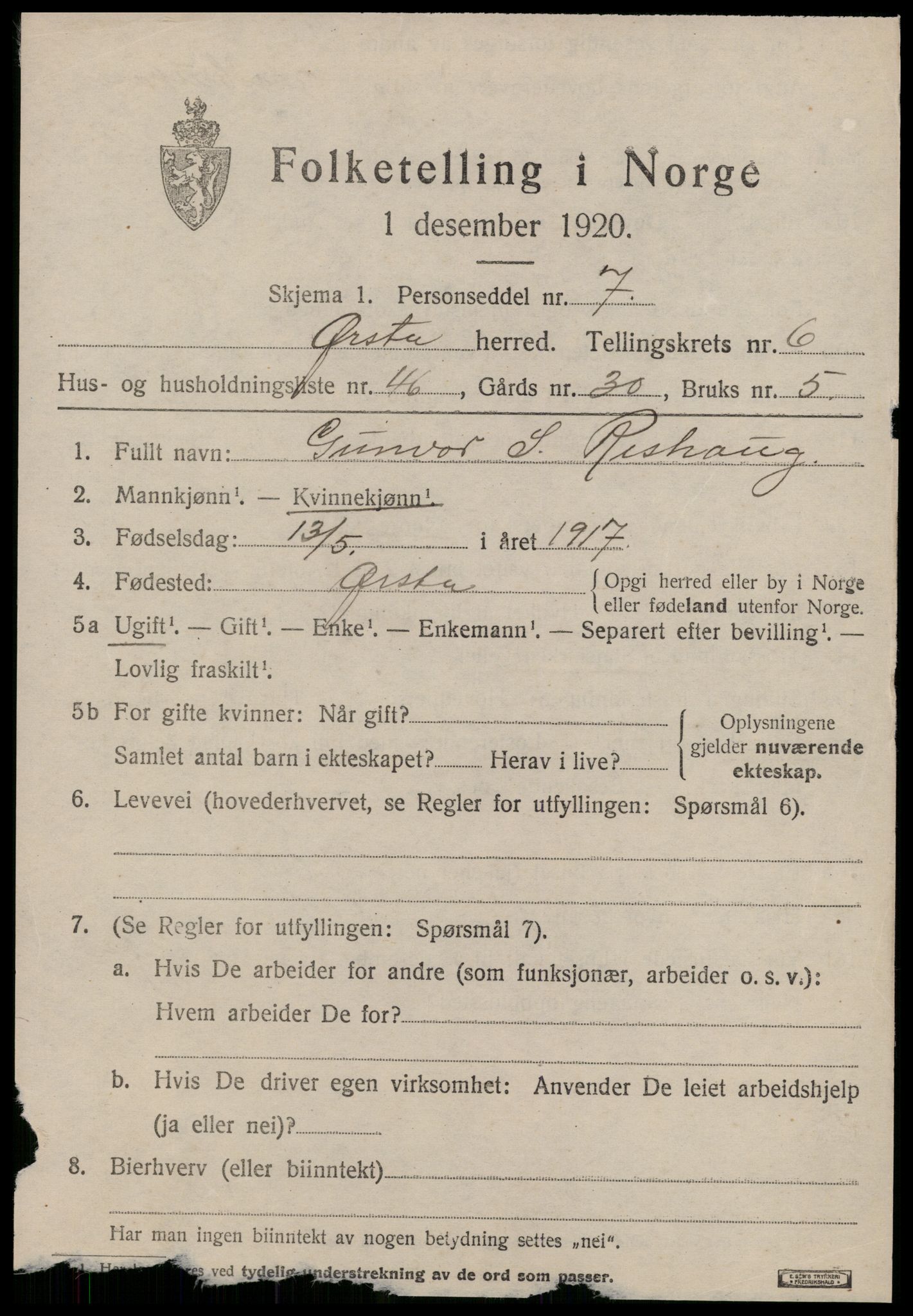 SAT, 1920 census for Ørsta, 1920, p. 5426