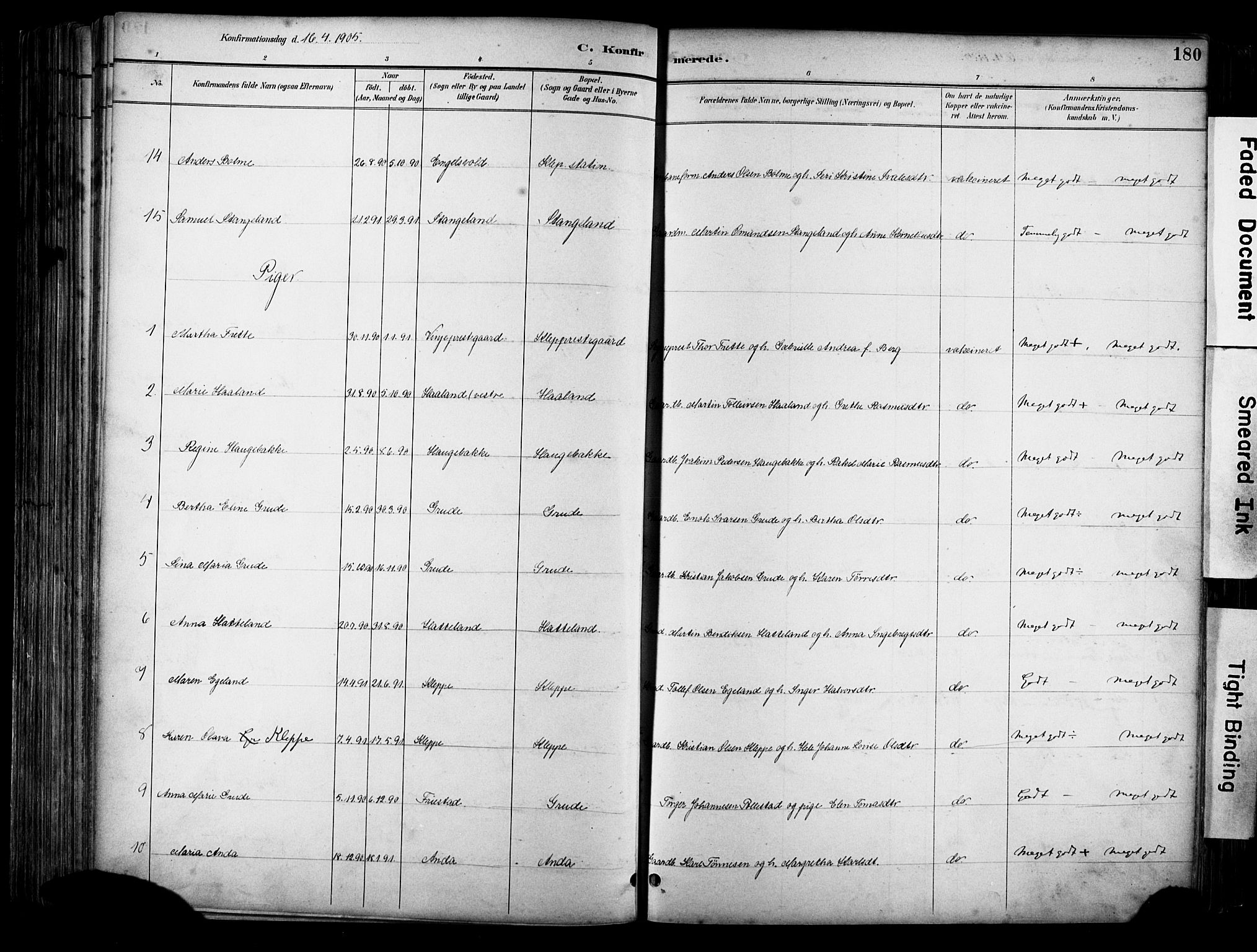 Klepp sokneprestkontor, SAST/A-101803/001/3/30BA/L0009: Parish register (official) no. A 7, 1886-1915, p. 180