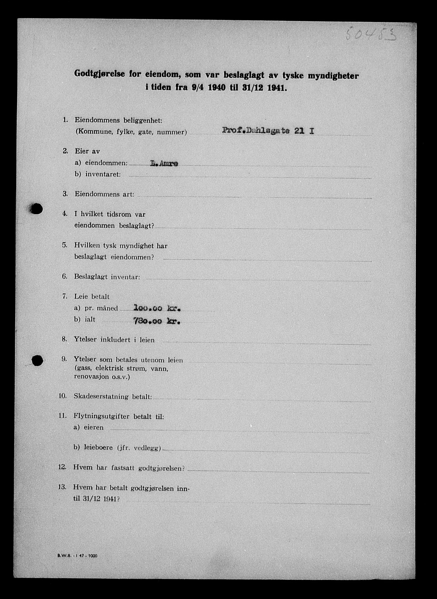 Justisdepartementet, Tilbakeføringskontoret for inndratte formuer, AV/RA-S-1564/I/L1010: Godtgjørelse for beslaglagt eiendom, 1940-1941, p. 313