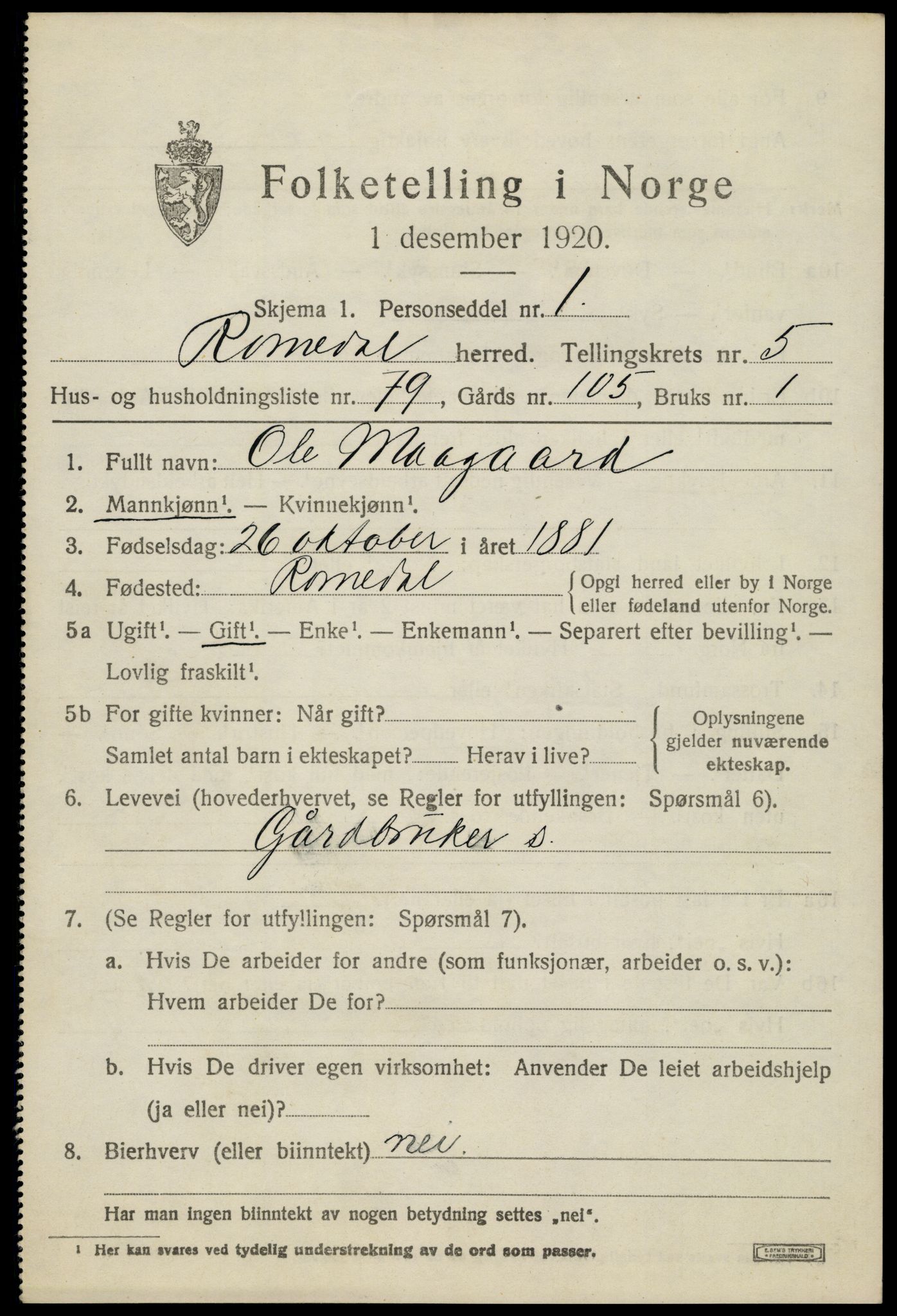 SAH, 1920 census for Romedal, 1920, p. 7745