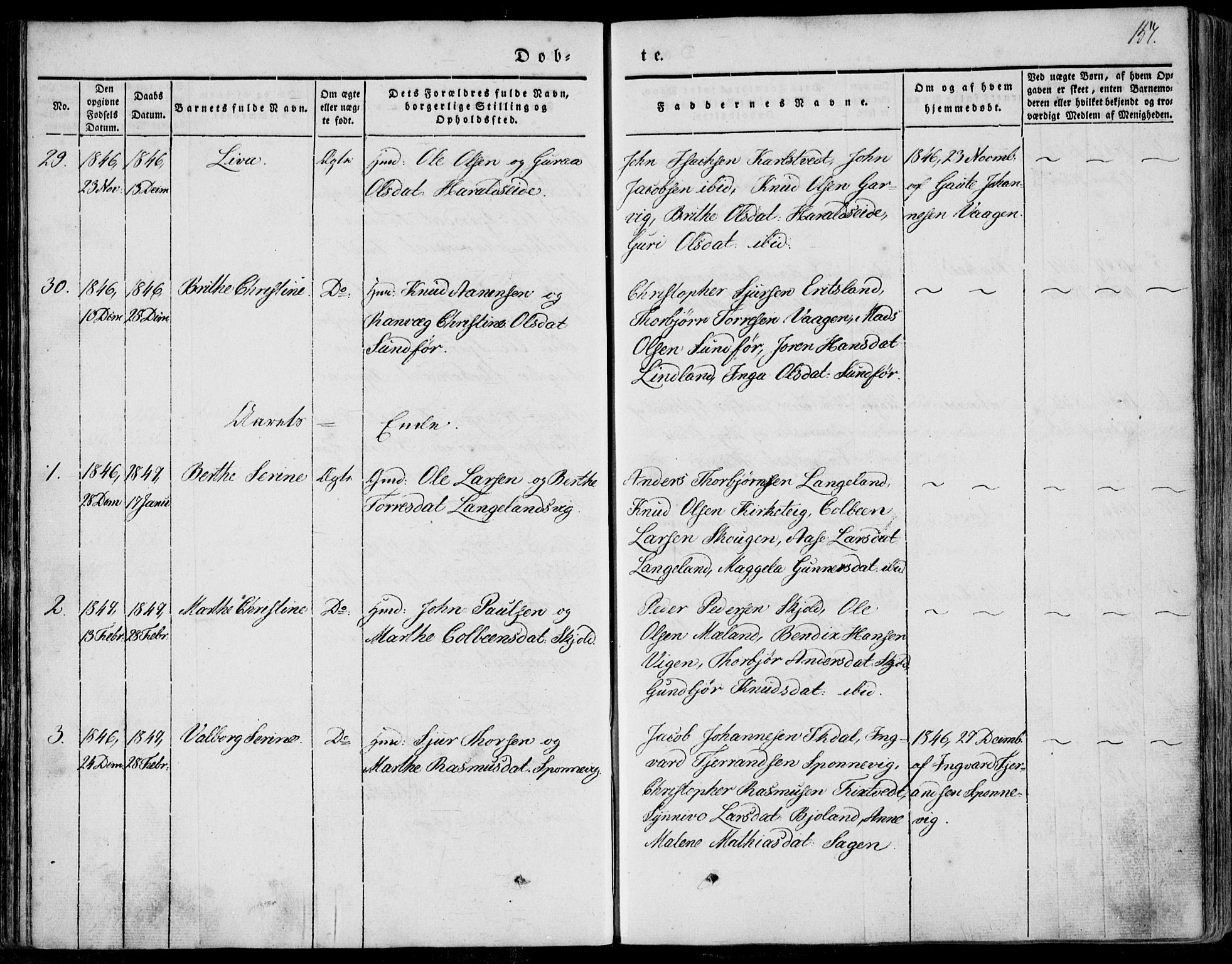 Skjold sokneprestkontor, AV/SAST-A-101847/H/Ha/Haa/L0006: Parish register (official) no. A 6.1, 1835-1858, p. 157