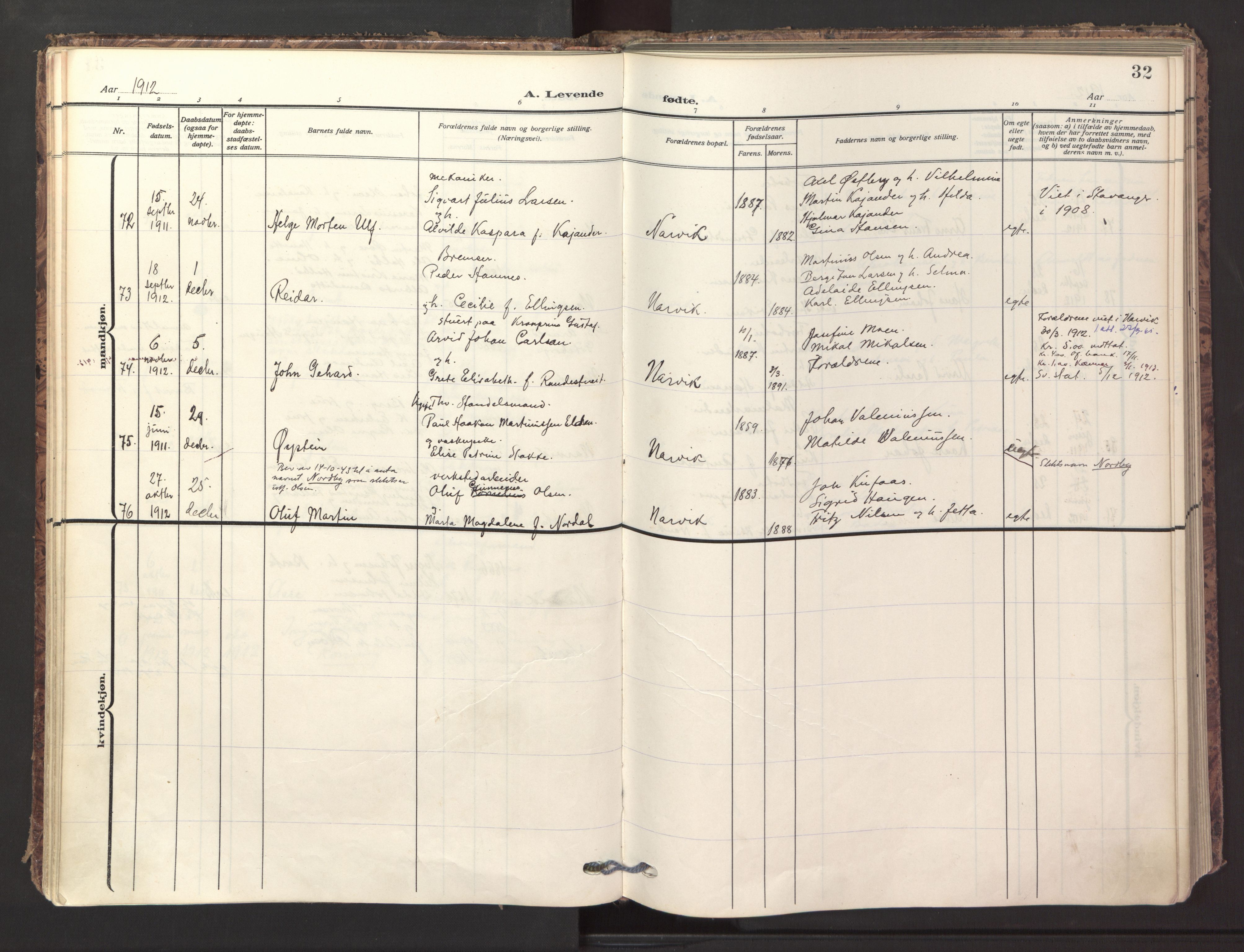 Ministerialprotokoller, klokkerbøker og fødselsregistre - Nordland, AV/SAT-A-1459/871/L1001: Parish register (official) no. 871A17, 1911-1921, p. 32