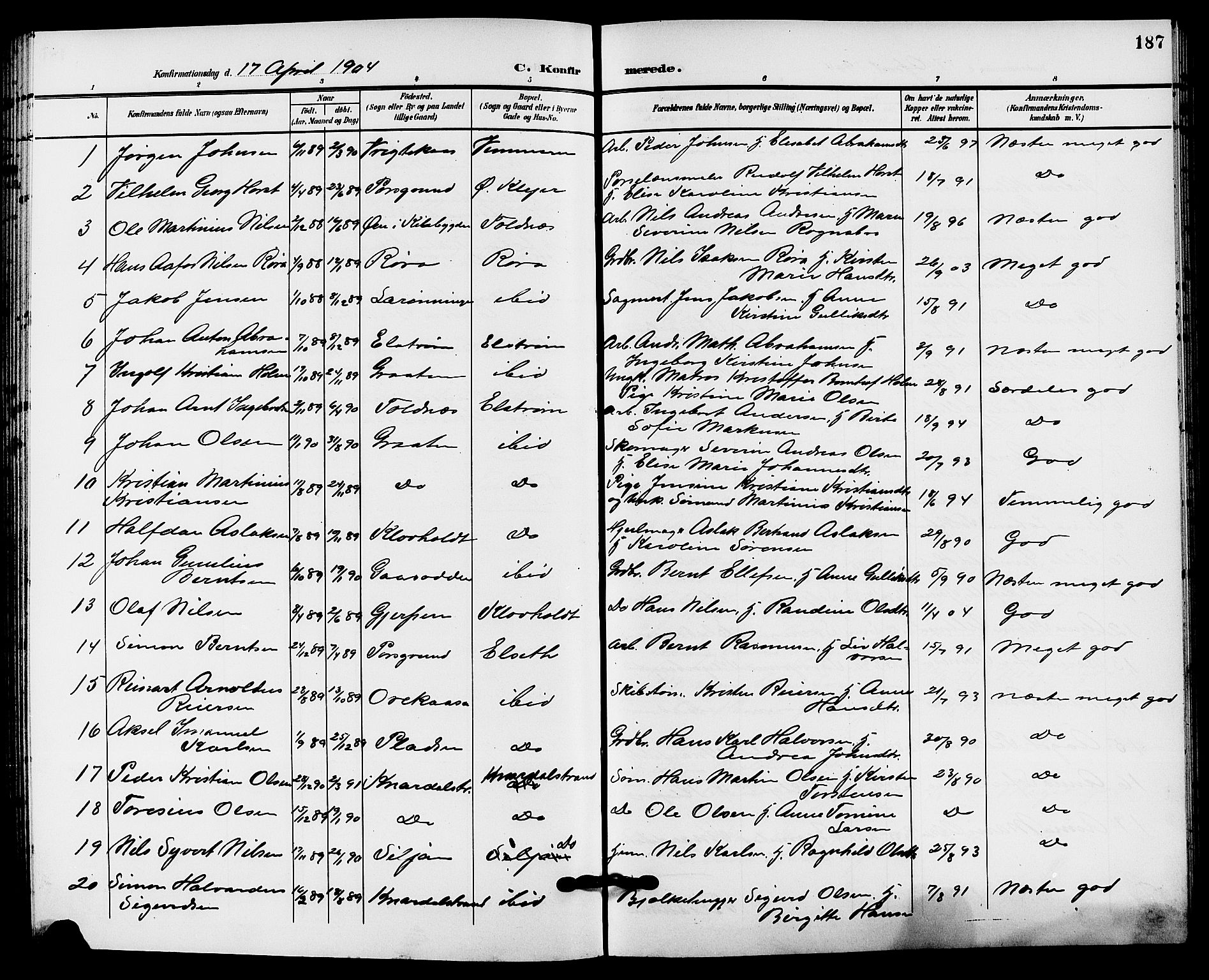 Solum kirkebøker, AV/SAKO-A-306/G/Ga/L0008: Parish register (copy) no. I 8, 1898-1909, p. 187